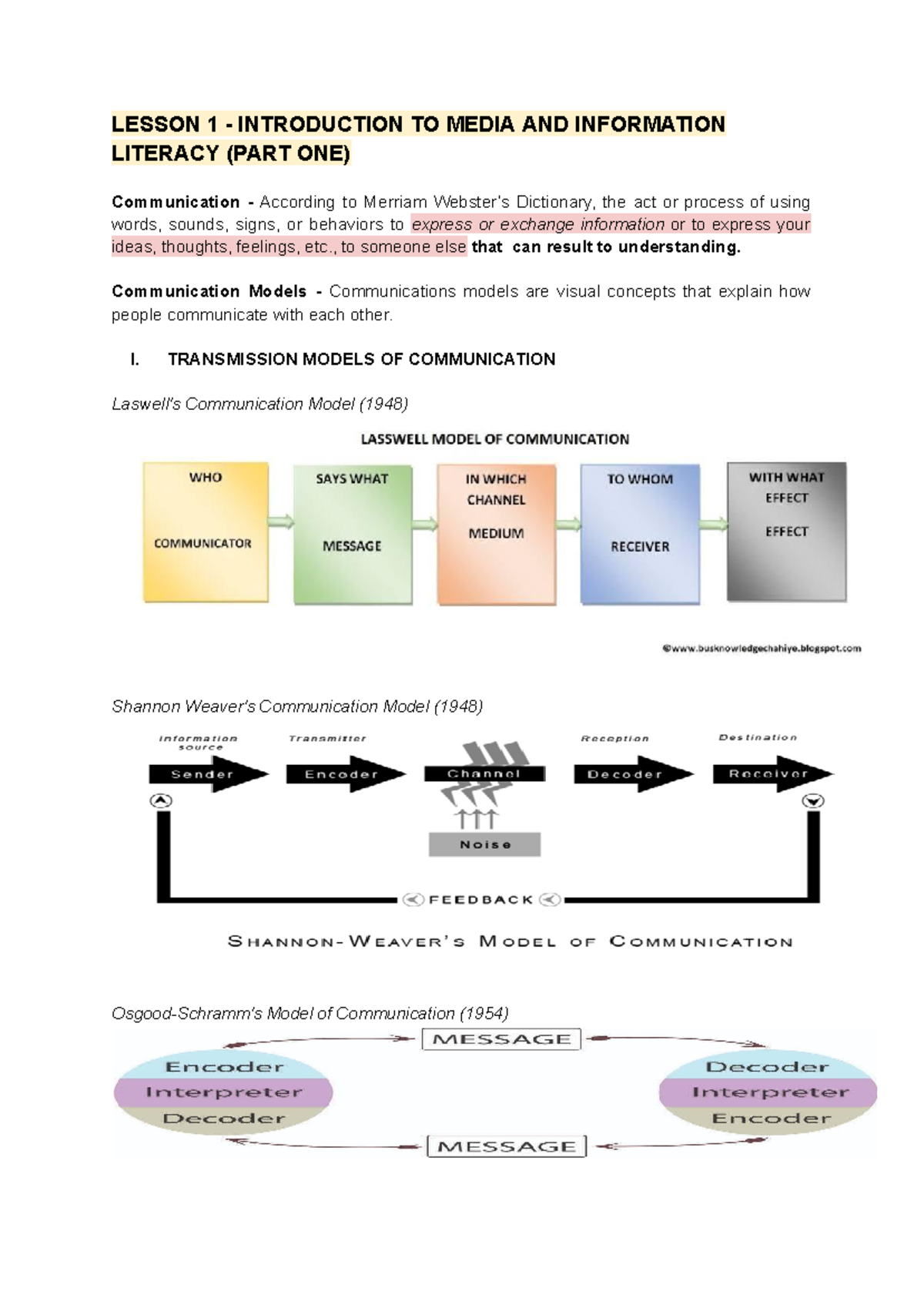 MIL Reviewer - LESSON 1 - INTRODUCTION TO MEDIA AND INFORMATION ...