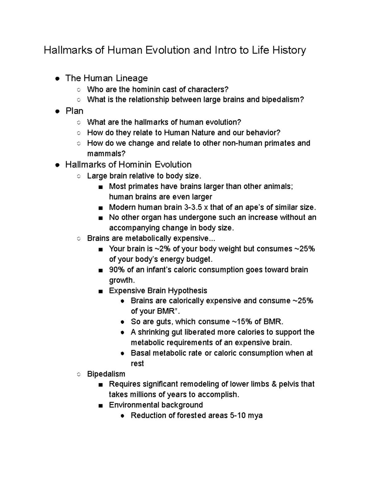 Evolution Human Nature Lecture Notes 4 - Hallmarks of Human Evolution ...