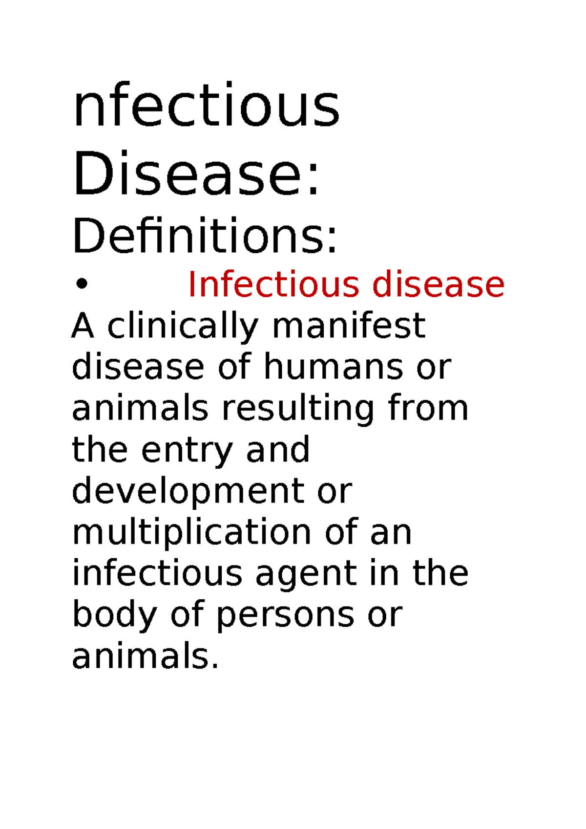 Bme108 - nfectious Disease: Definitions: • Infectious disease A ...