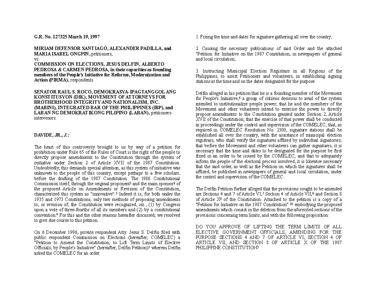 Module 1 - constitutional law - G. No. 127325 March 19, 1997 MIRIAM ...