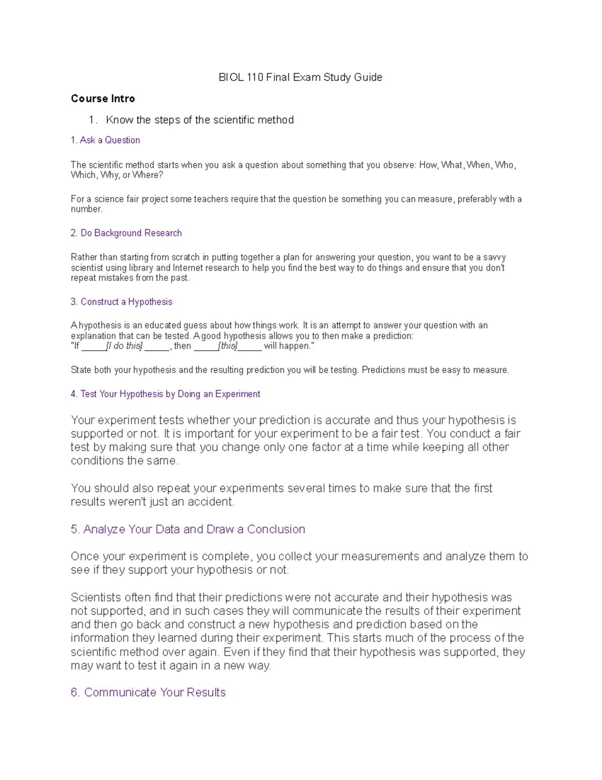 final exam notes on all chapters - BIOL 110 Final Exam Study Guide ...