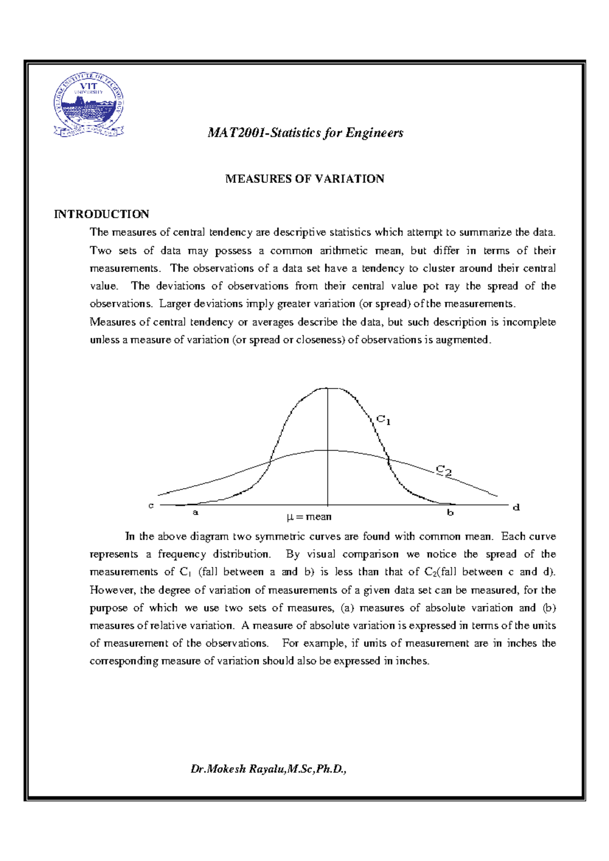 Measure of variation - for Engineers MEASURES OF VARIATION INTRODUCTION ...