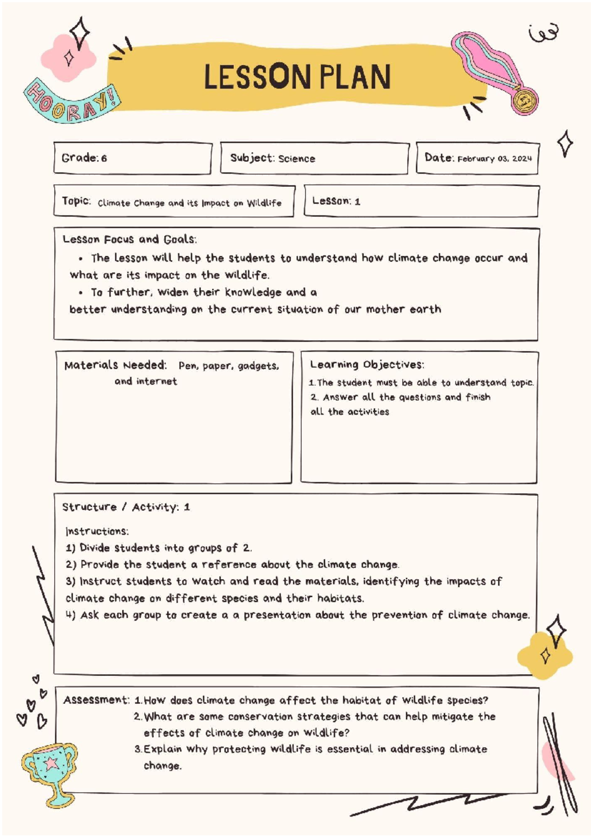 NST Lesson PLAN - w LESSON PLAN Grade: 6 Subject: Science Date ...