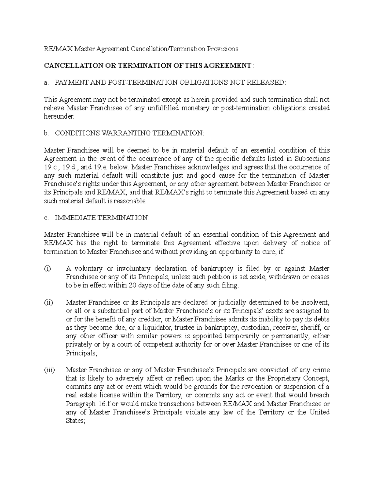 Master Agreement Termination & Consequence Provisions - RE/MAX Master ...