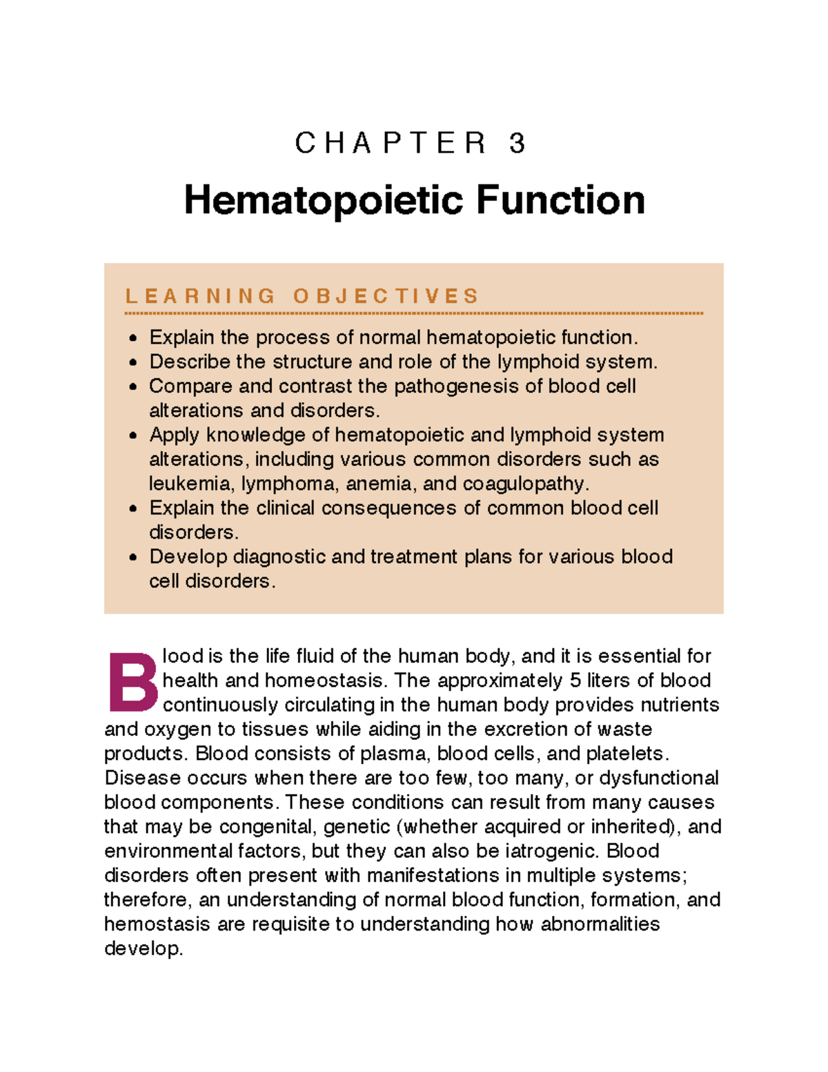 Chapter 3 - B C H A P T E R 3 Hematopoietic Function ####### L E A R N ...