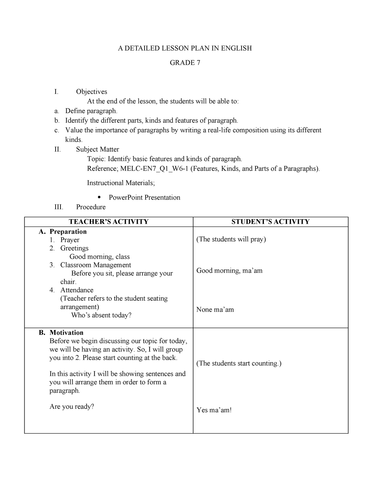 A Detailed Lesson PLAN IN English Paragraph - A DETAILED LESSON PLAN IN ...