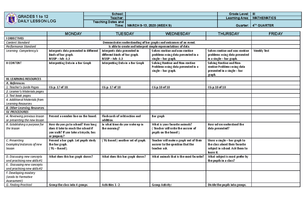 Mathematics-3 Q4 W9-DLL - GRADES 1 to 12 DAILY LESSON LOG School: Grade ...