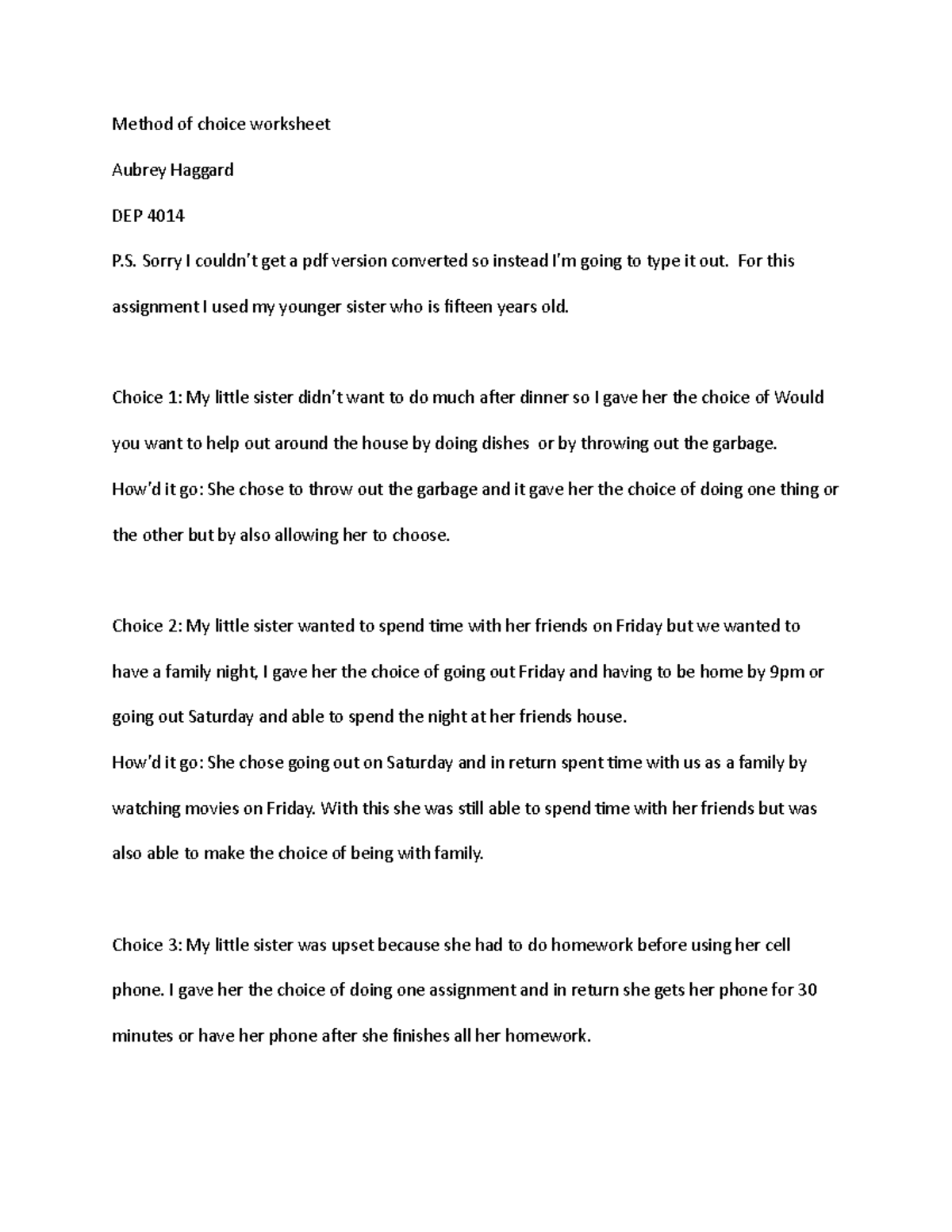 Method of choice worksheet - Method of choice worksheet Aubrey Haggard ...