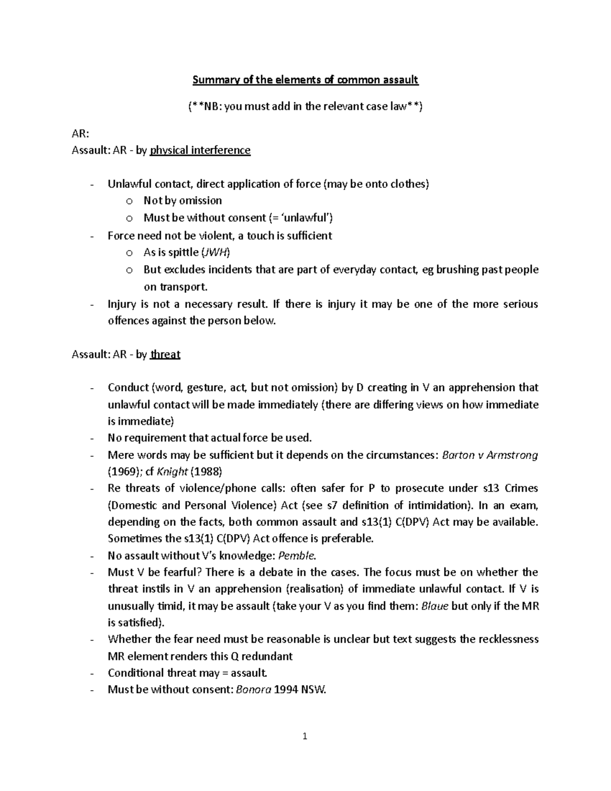 Class 8 Summary Of The Elements Of Common Assault Summary Of The 