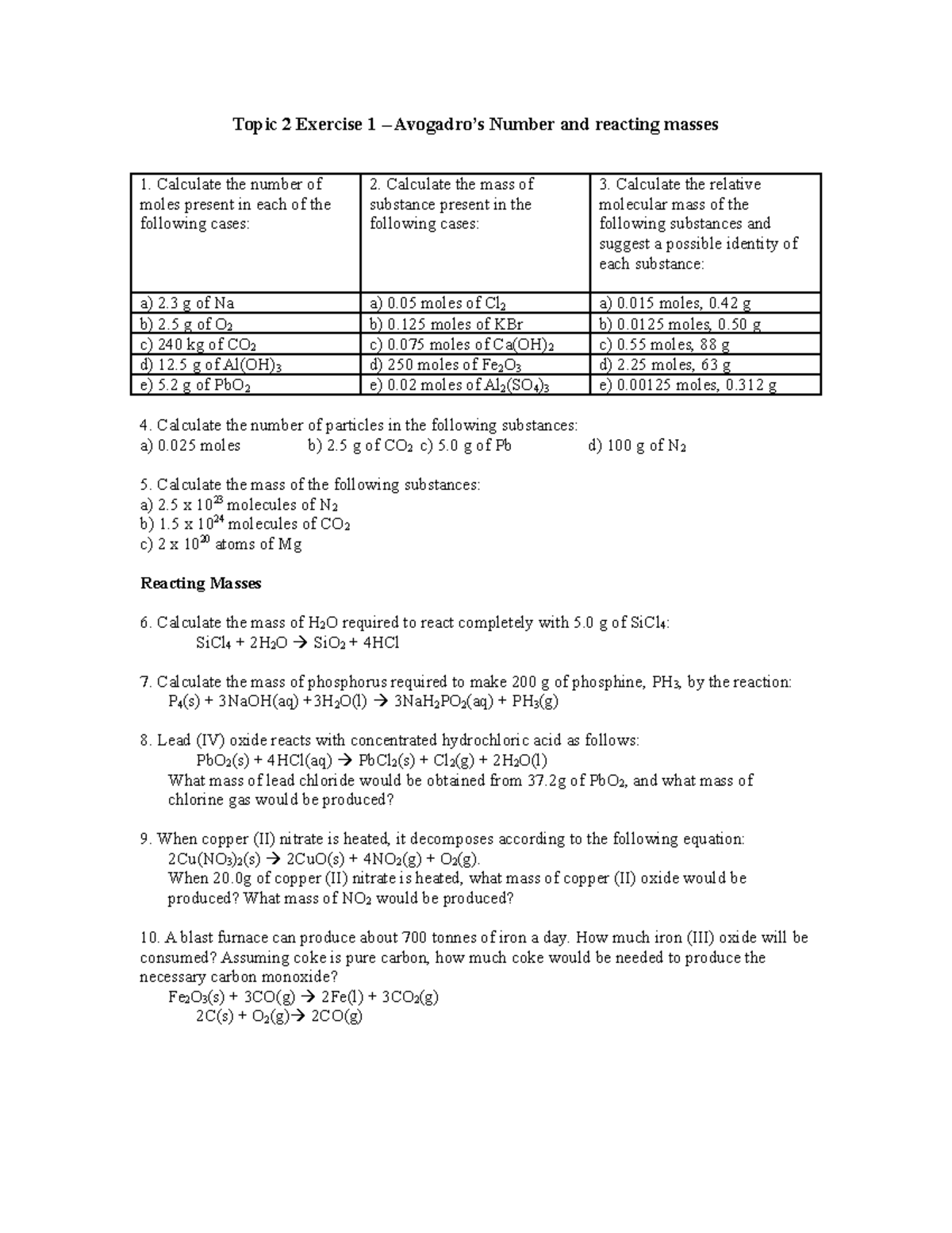 Topic 2 exercise 1 - using moles and reacting masses - Topic 2 Exercise ...