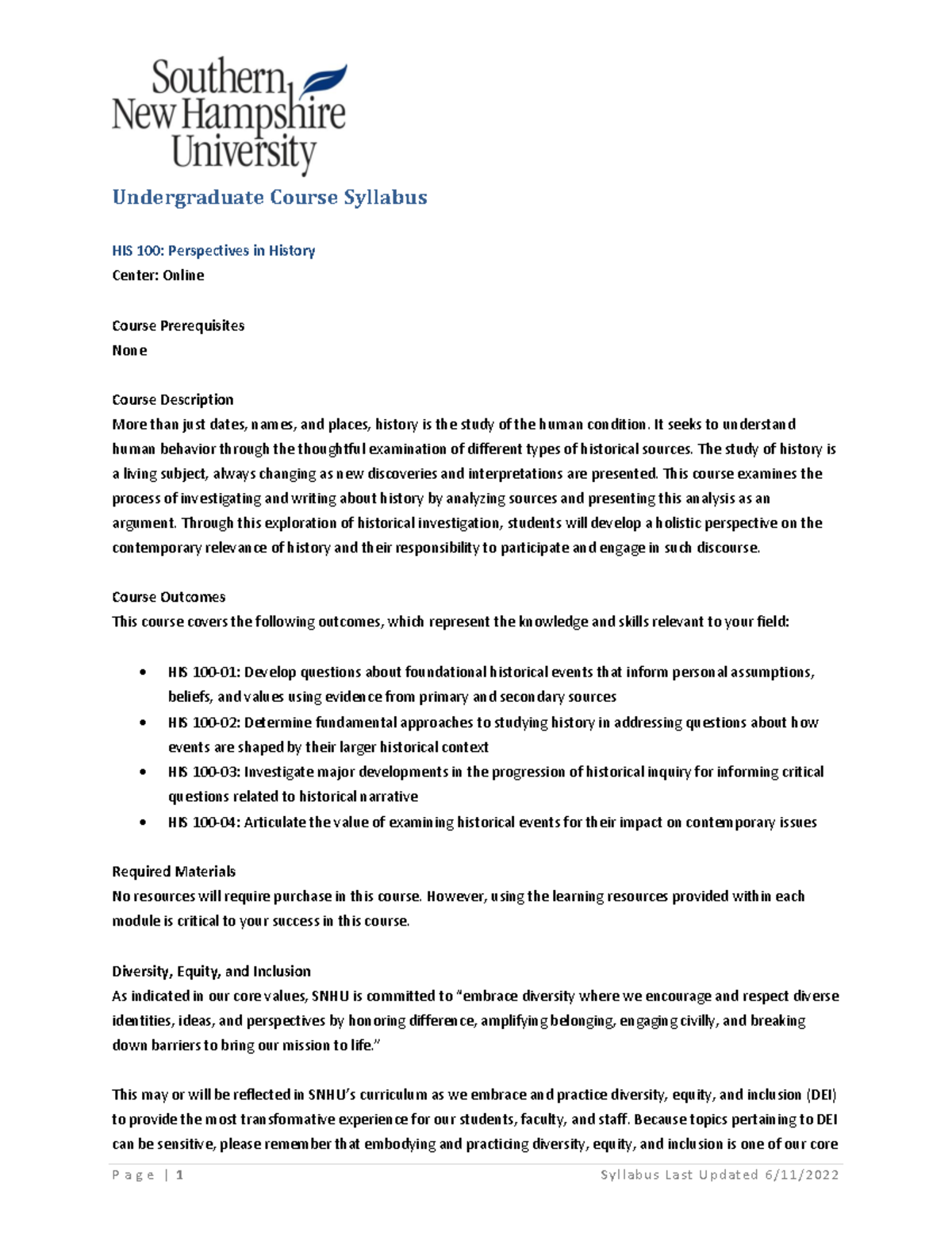 HIS 100 Syllabus - assignment - Undergraduate Course Syllabus HIS 100 ...