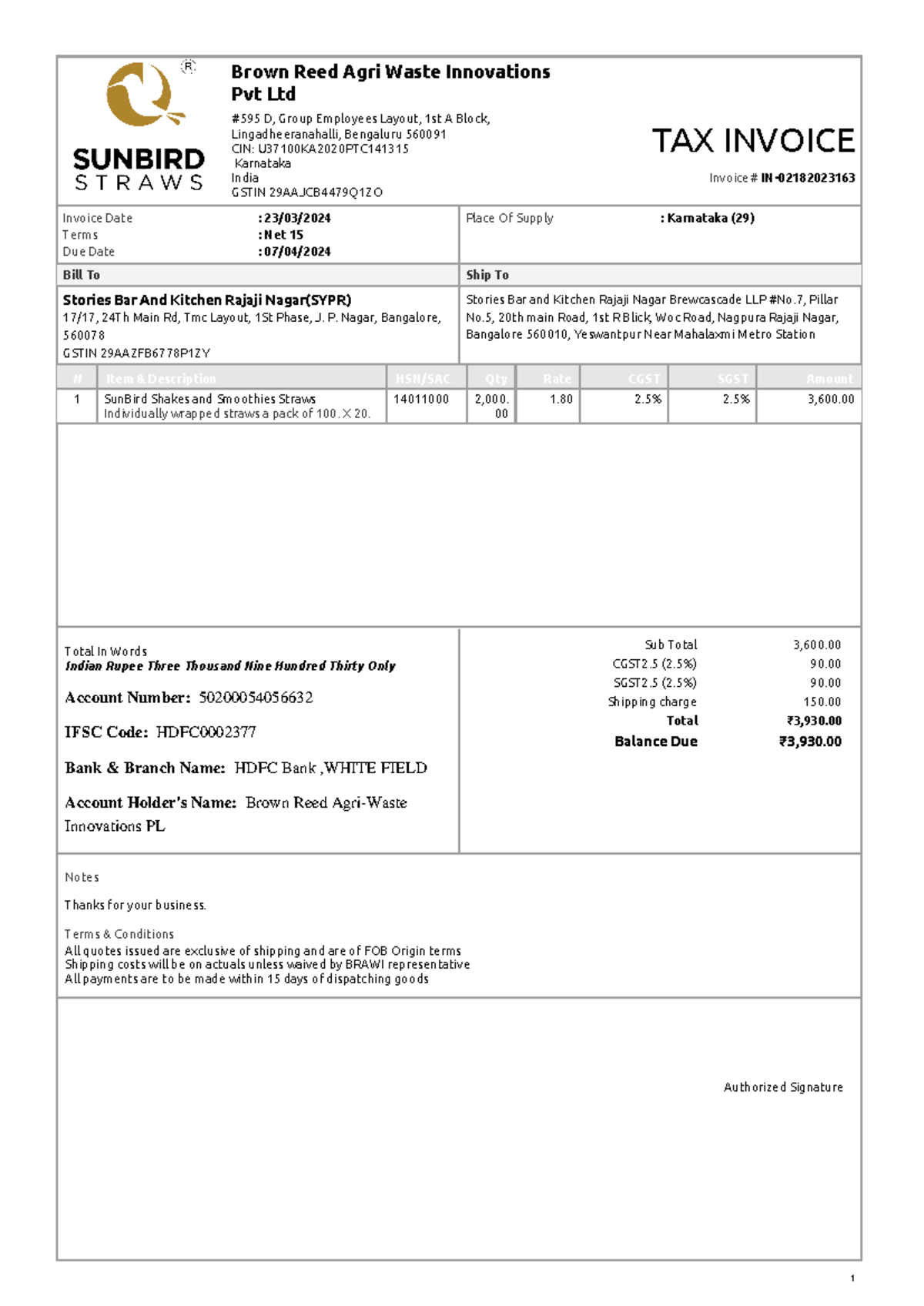 Stories, Rajajinagar - This is an invoice that i have submbitted which ...