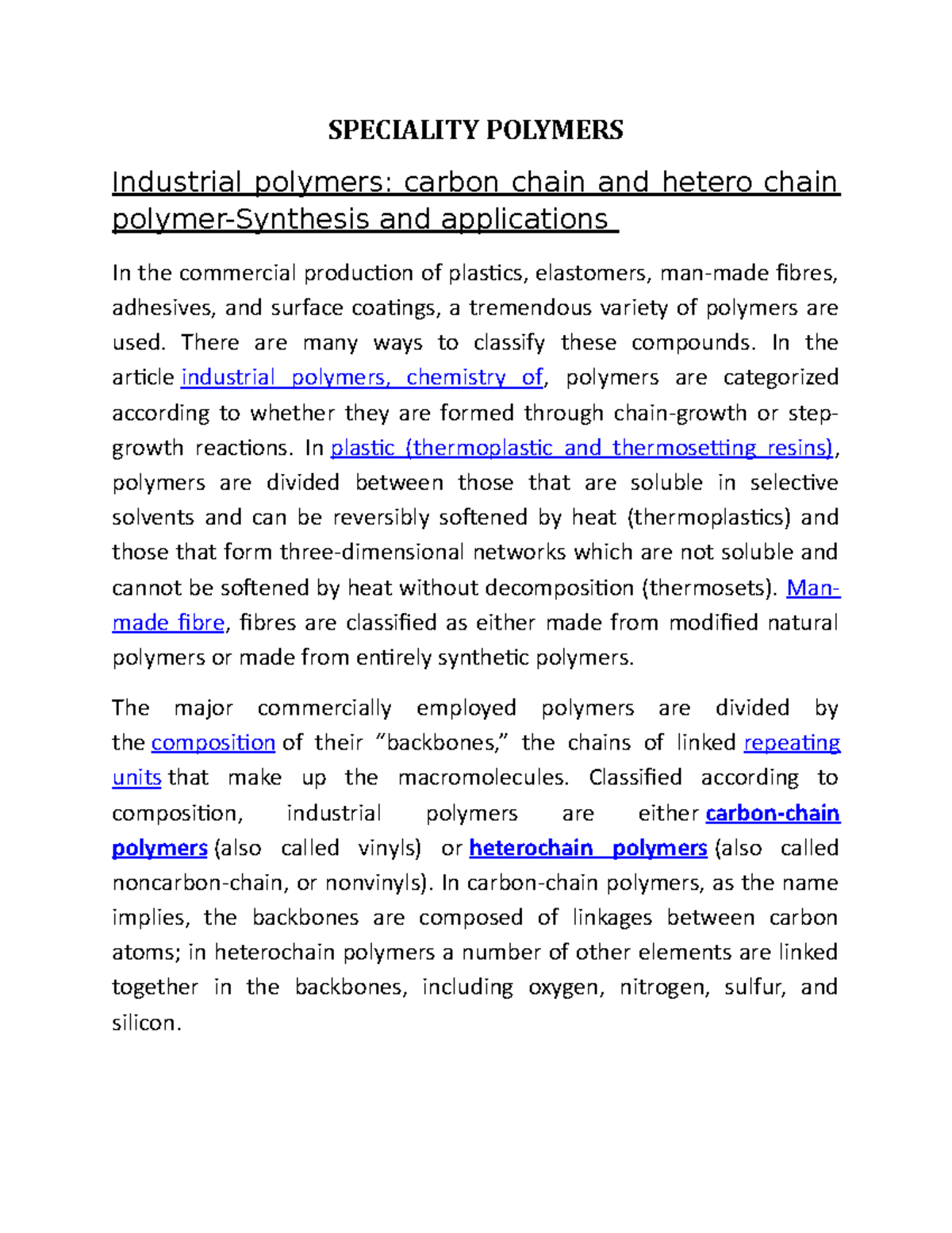 Speciality Polymers - Chemistry - SPECIALITY POLYMERS Industrial ...