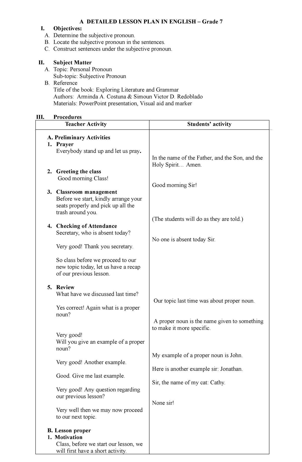 471784944 A Detailed Lesson PLAN IN Englis 7 Personal Pronouns V1 - A ...