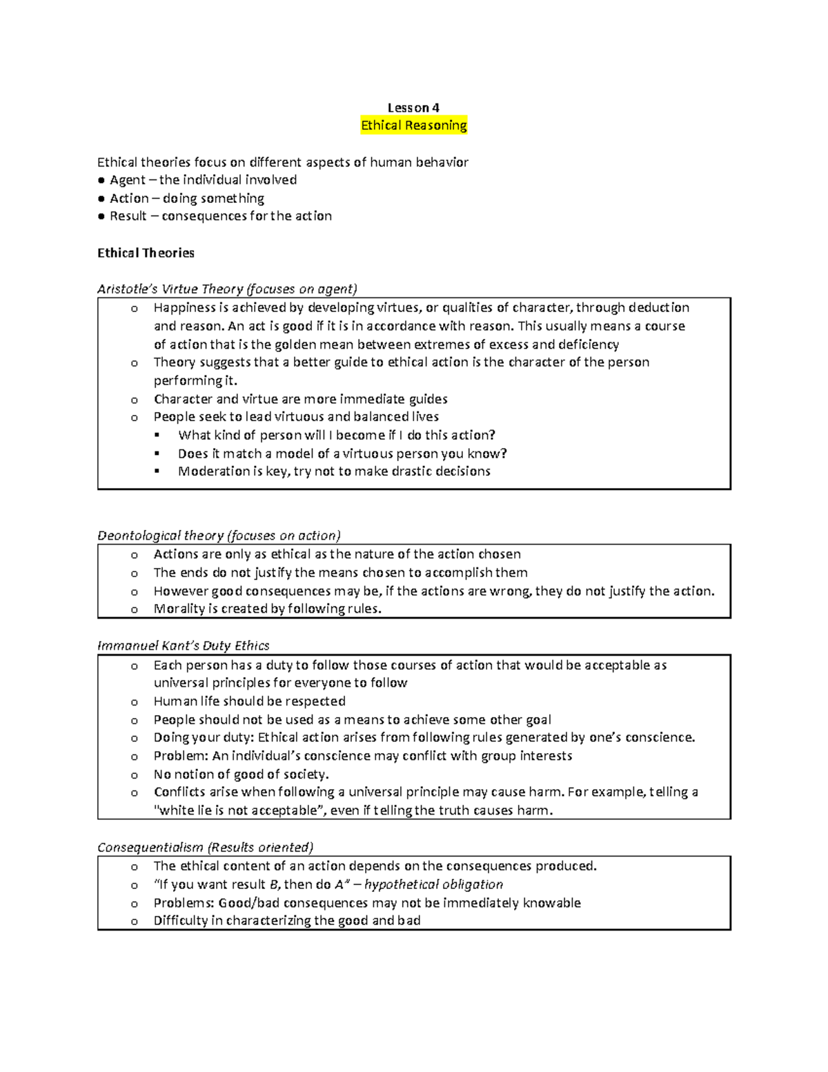 Notes for lessons 4,5,6 - Lesson 4 Ethical Reasoning Ethical theories ...