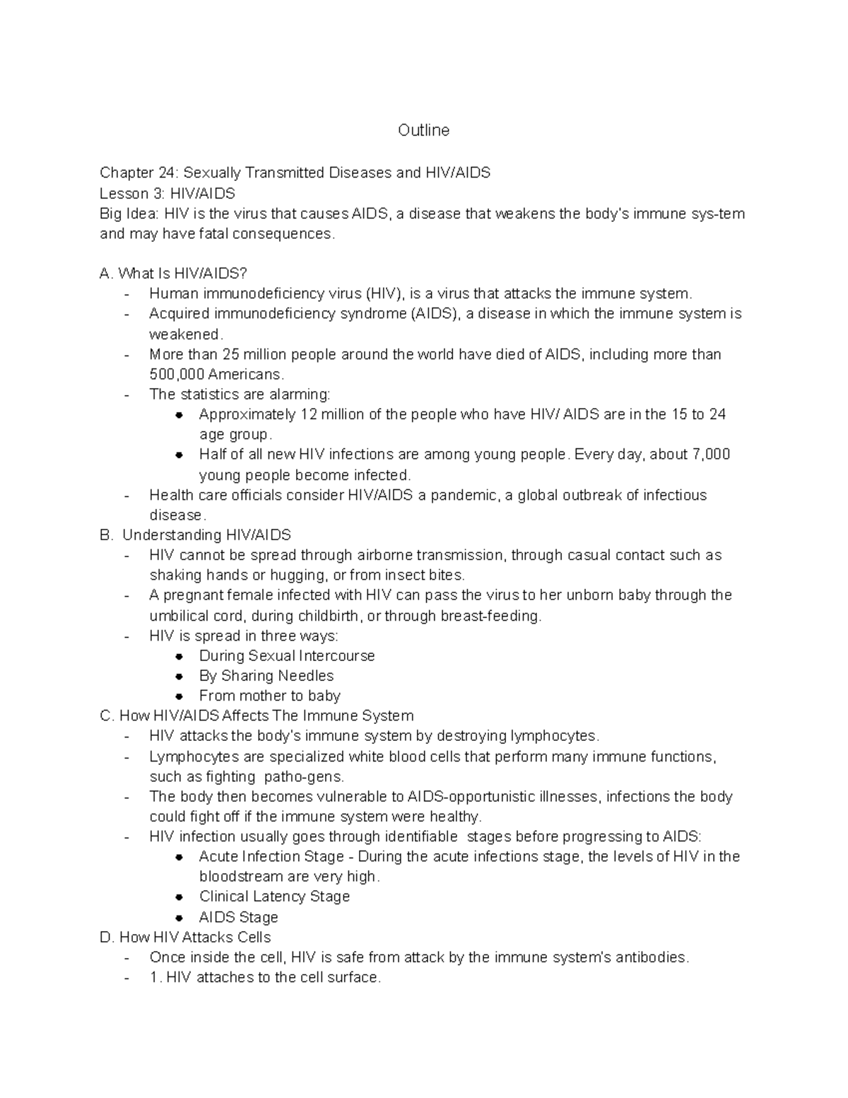 Chapter 24 Lesson 3 Outline Chapter 24 Sexually Transmitted Diseases and HIV/AIDS Lesson 3