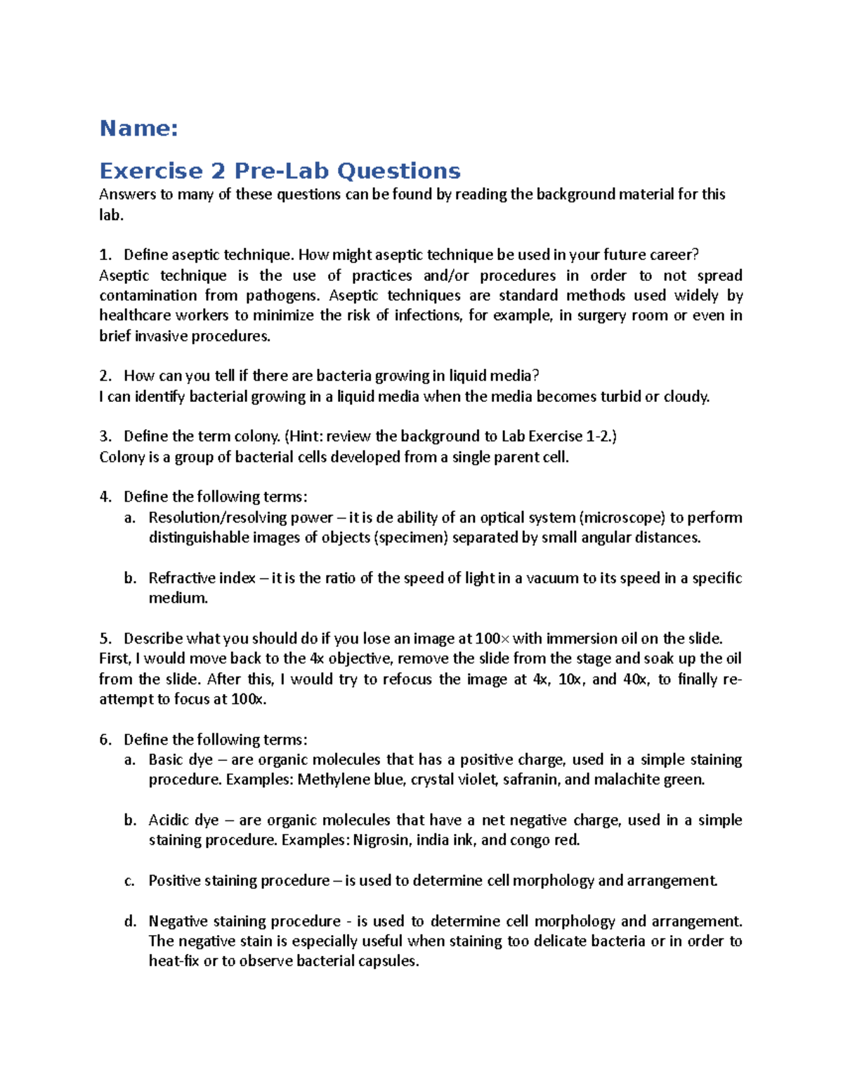 Exercise 2 Pre-Lab Questions - Name: Exercise 2 Pre-Lab Questions ...
