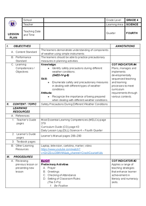 Lesson PLAN in Science 3 - LESSON PLAN School Grade Level 1 Teacher ...