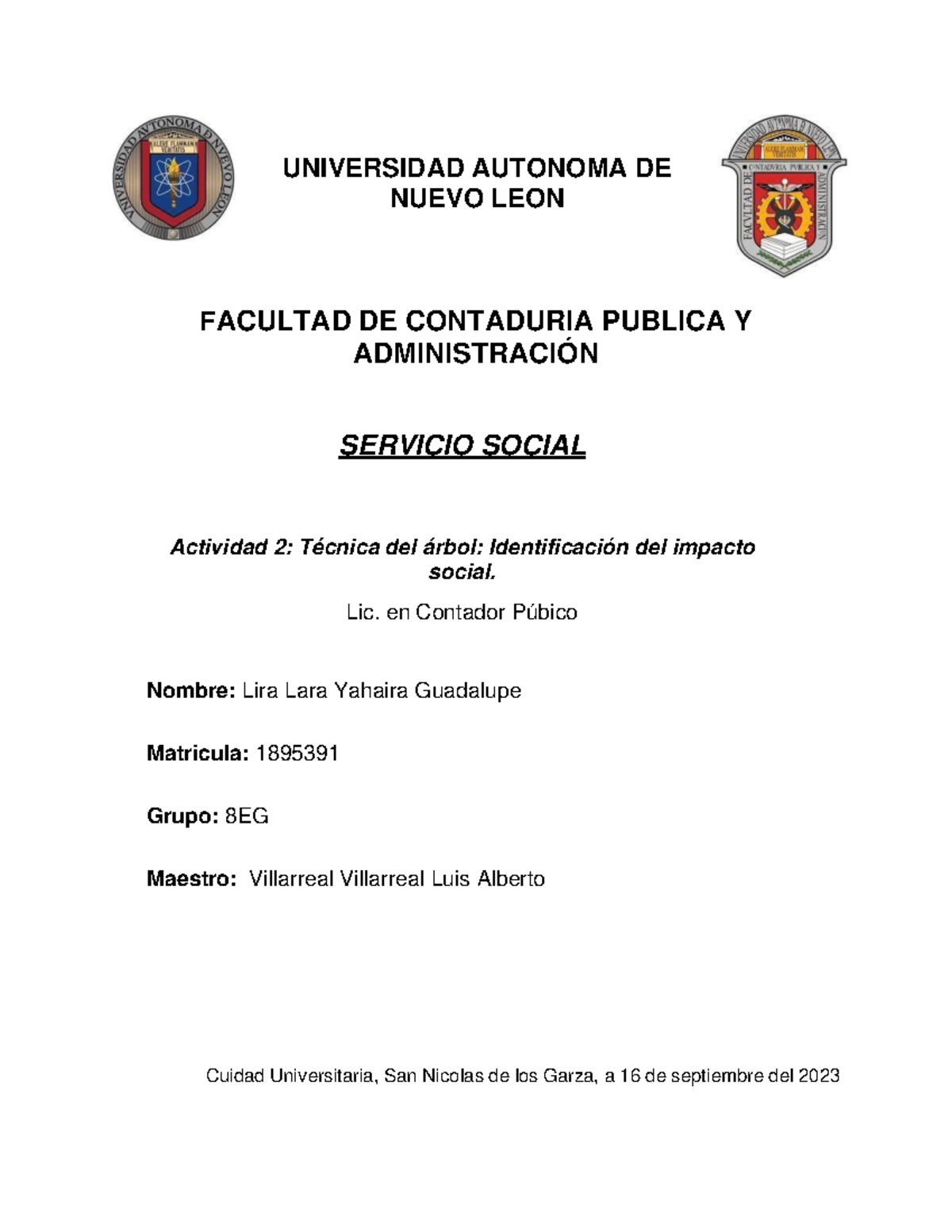 Actividad 2 Servicio Social - UNIVERSIDAD AUTONOMA DE NUEVO LEON ...