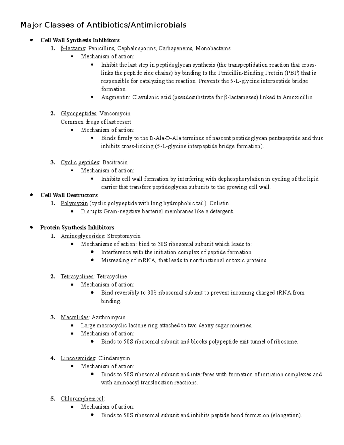 7-2 Classes of Antibiotics and Antimicrobials Handout - Major Classes ...