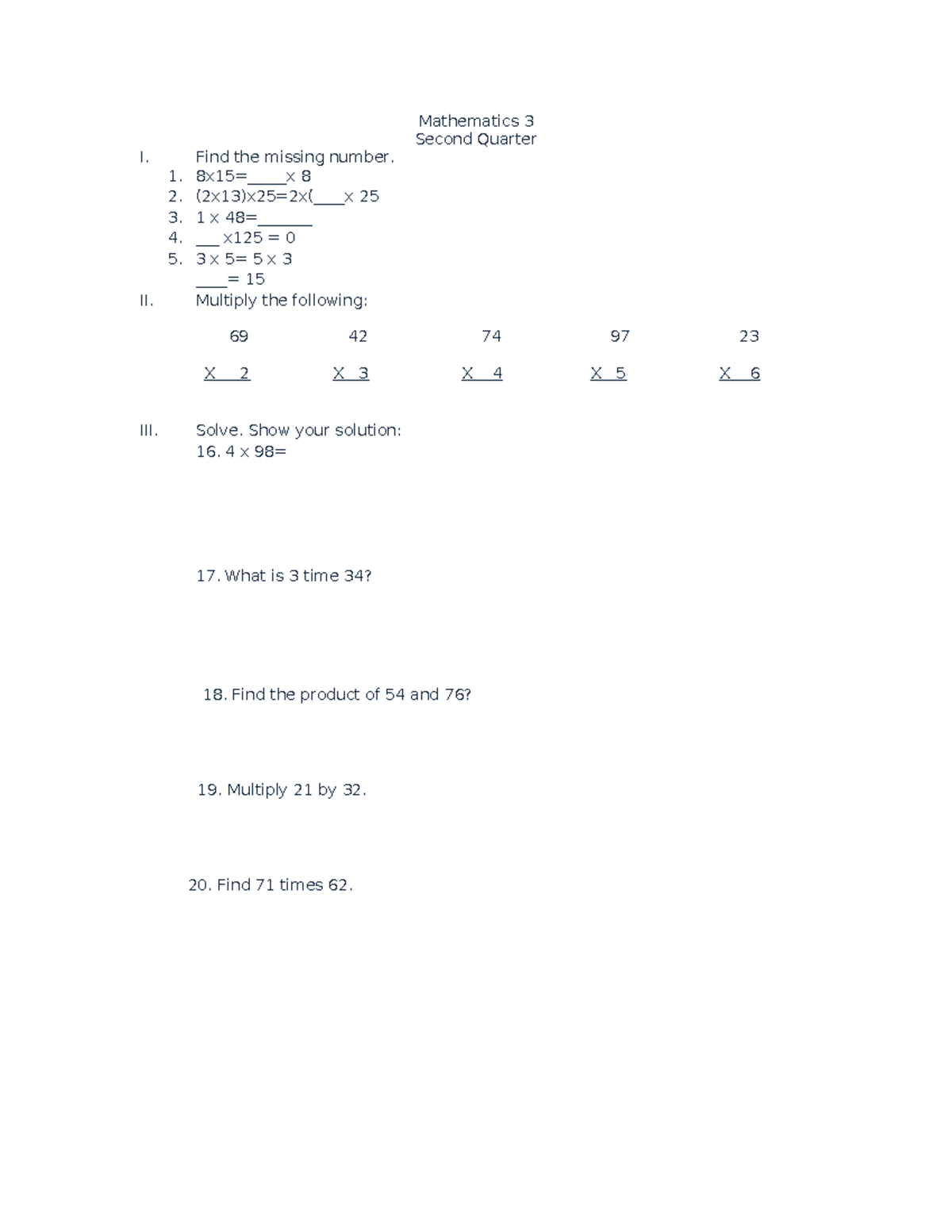 Mathematics 3 Summative Test - Mathematics 3 Second Quarter I. Find the ...
