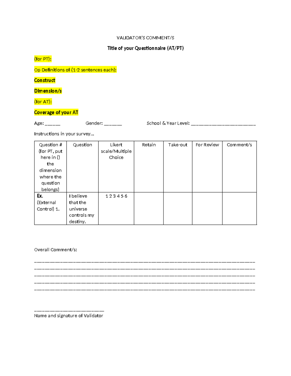 Format for Validator - VALIDATOR’S COMMENT/S Title of your ...