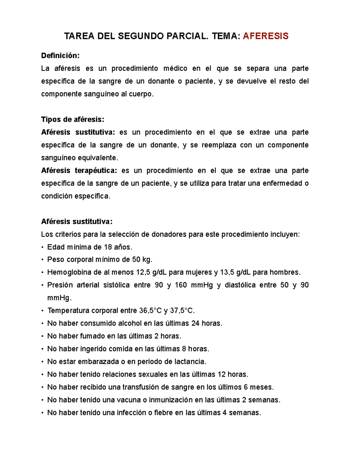 Aferisis - Trabajo medicina - TAREA DEL SEGUNDO PARCIAL. TEMA: AFERESIS ...