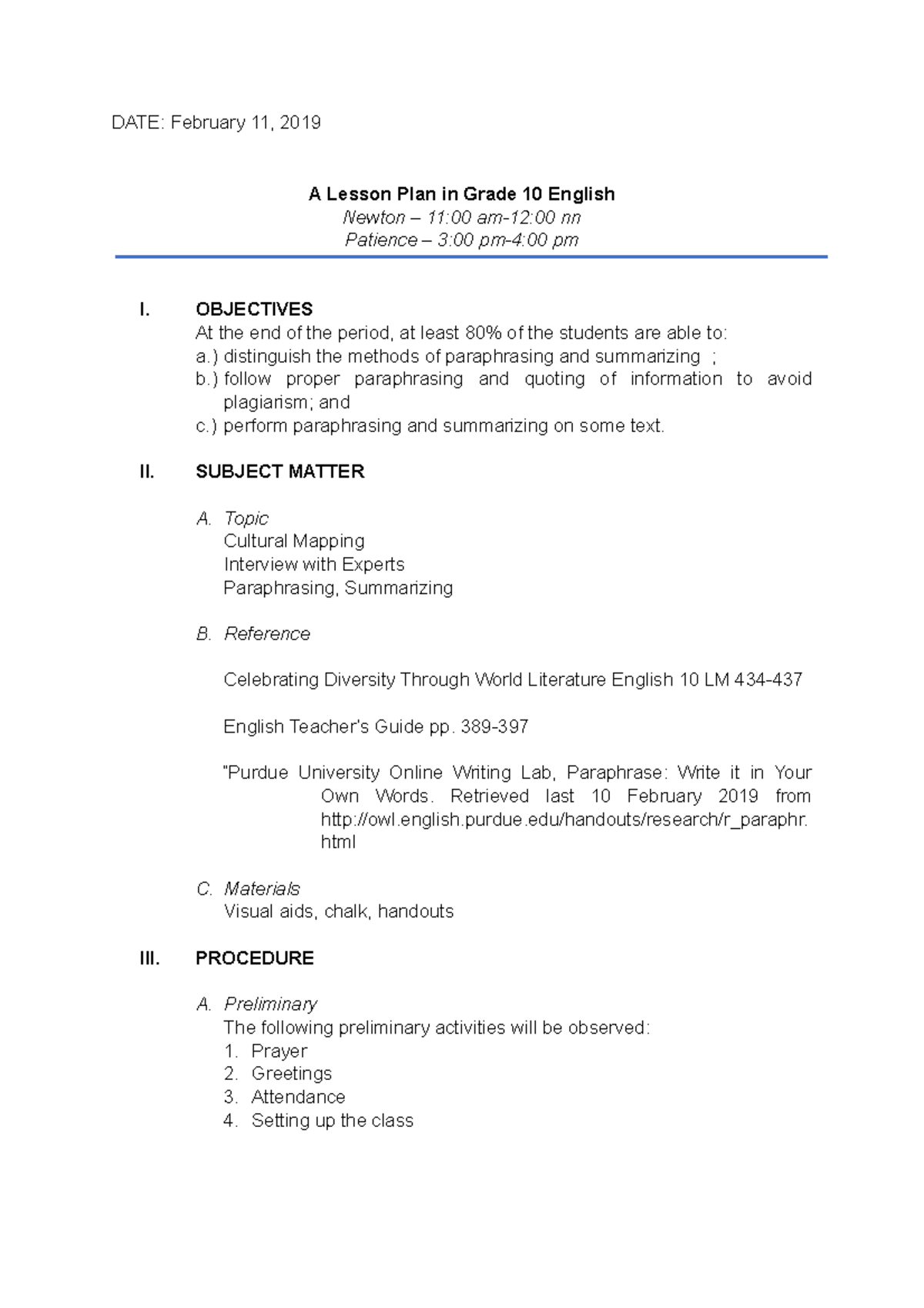 02 12 2019 Paraphrasing Summarizing DATE February 11 2019 A Lesson Plan In Grade 10 English 