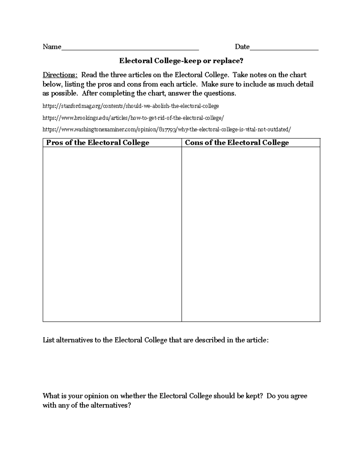 Electoral College pros cons chart and questions - Name ...