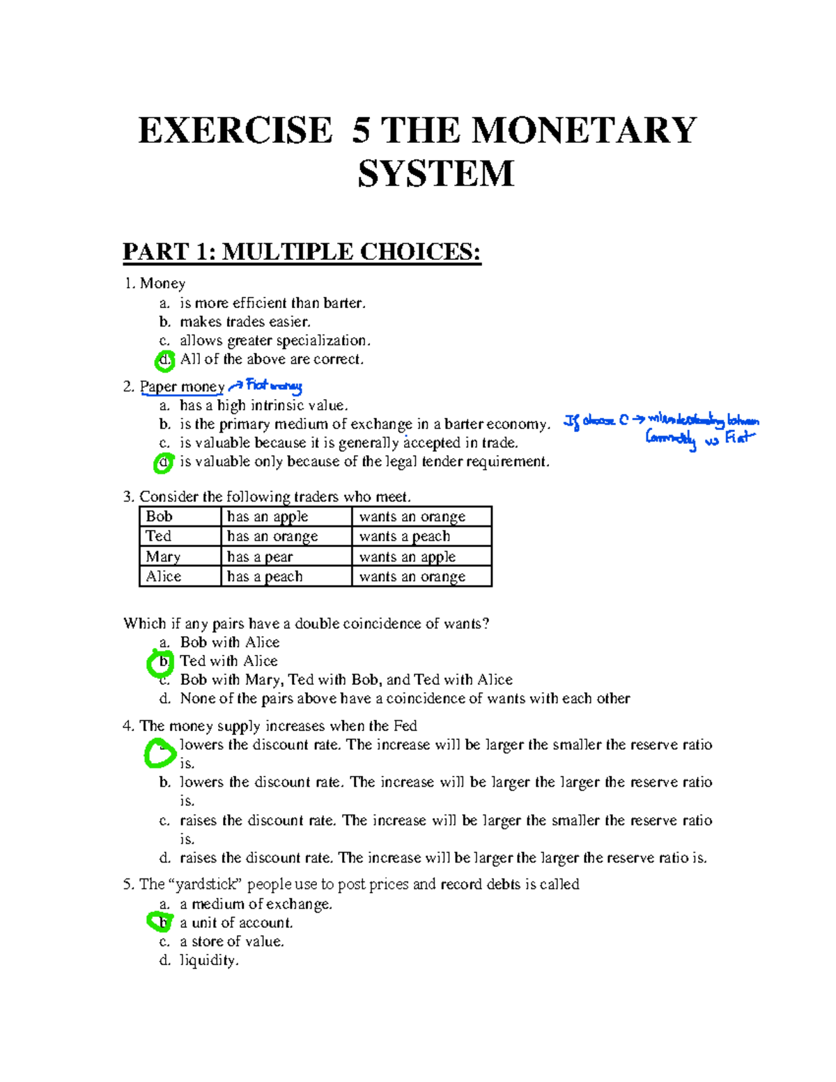 Multiple Choice chap 5 - official document - EXERCISE 5 THE MONETARY ...