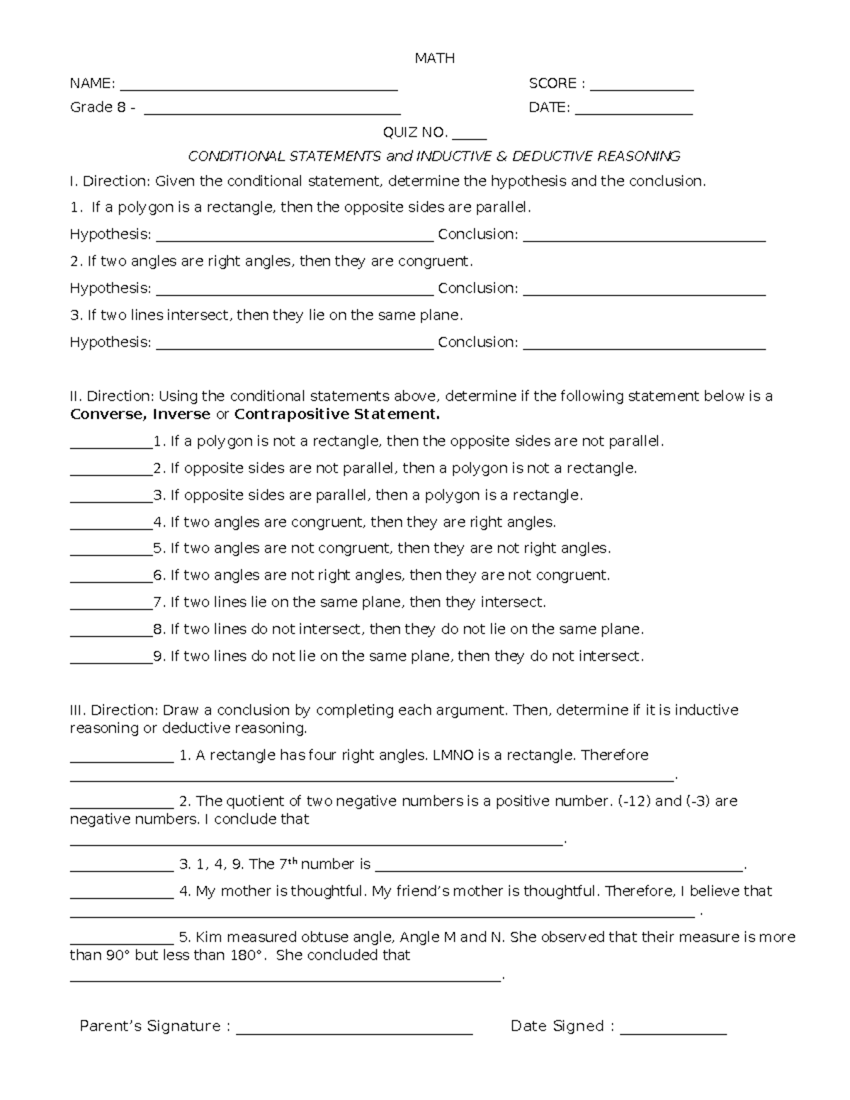 Quiz conditional statements inductivedeductive - MATH NAME