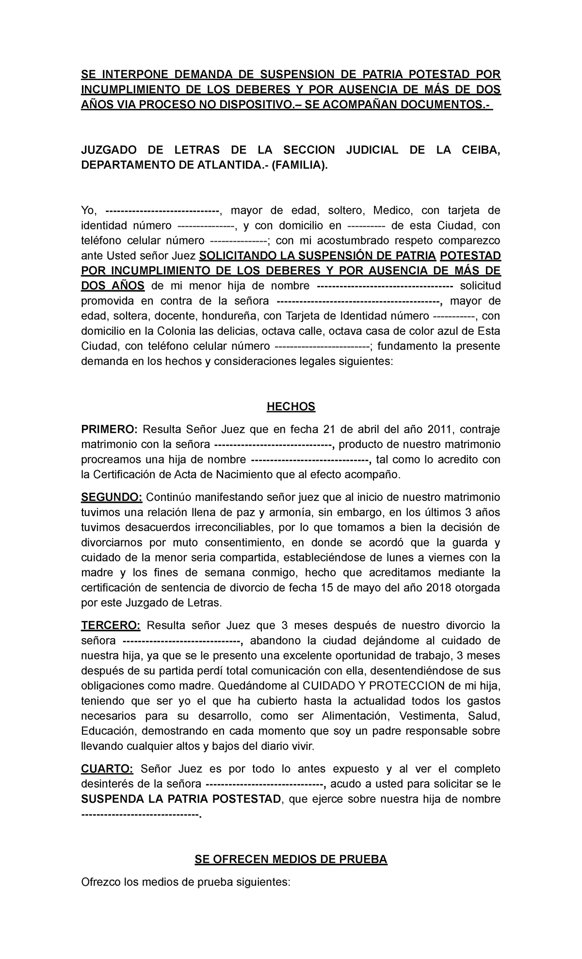 Demanda DE Suspension DE Patria Potestad POR VIA DEL Proceso Abreviado NO  Dispositivo - SE INTERPONE - Studocu