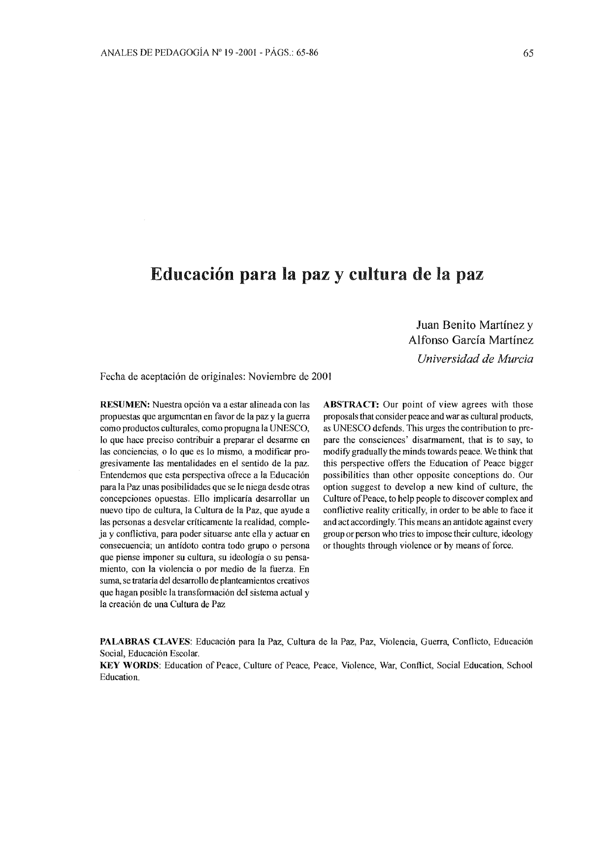 2 Educación Para La Paz Y Cultura De Paz - ANALES DE PEDAGOGÍA N° 19 ...