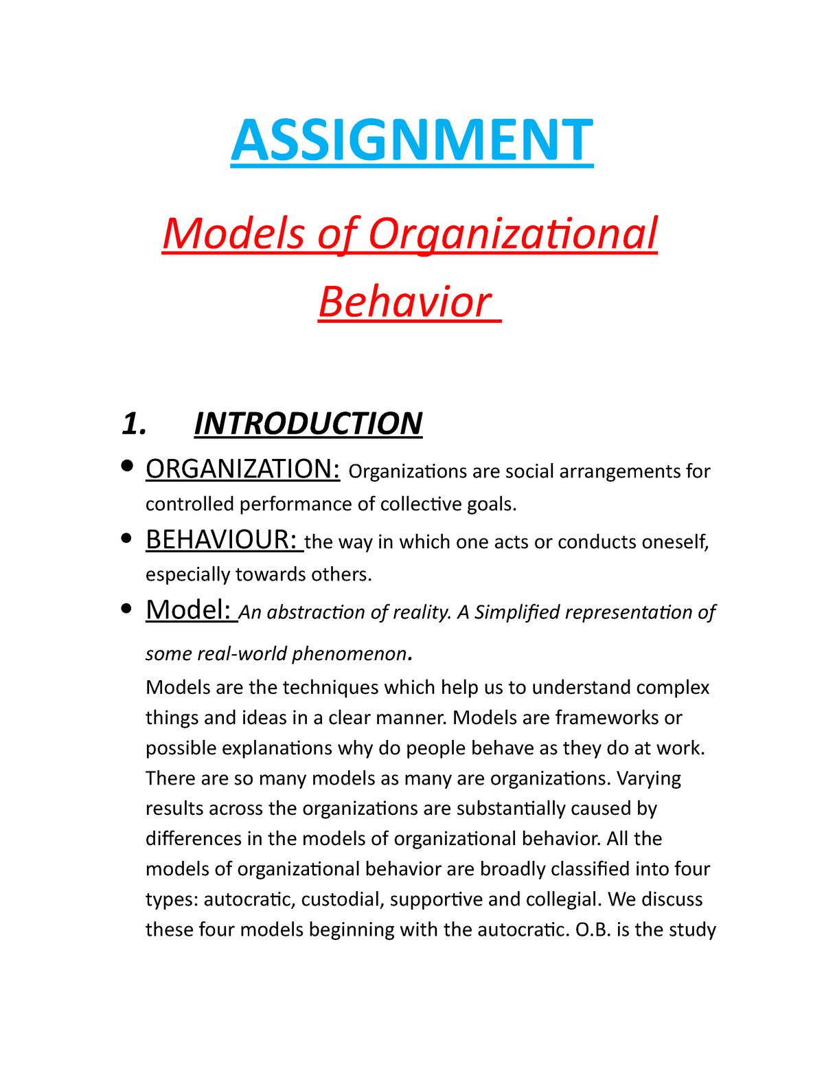 models of organisational behaviour assignment