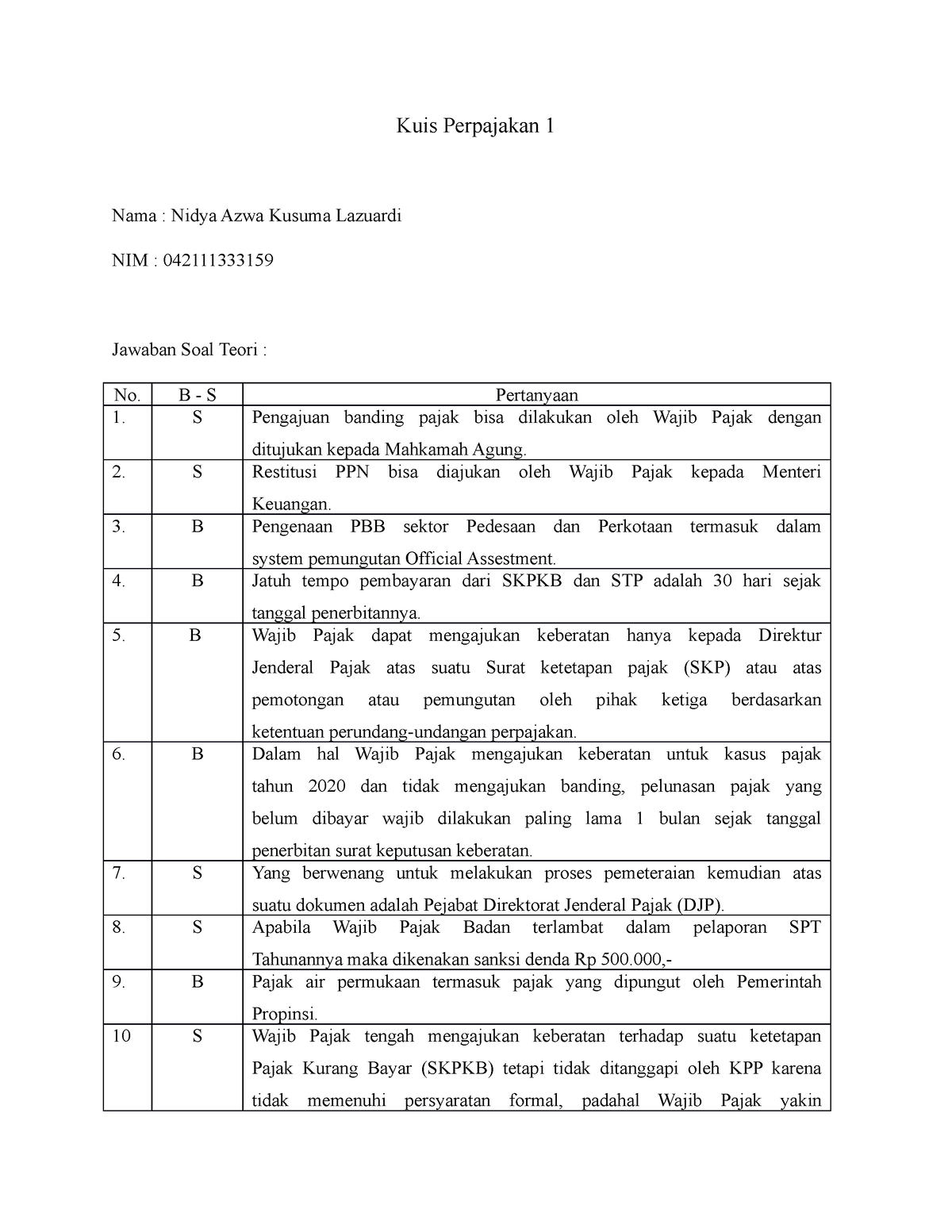 Kuis Perpajakan 1 - B - S Pertanyaan S Pengajuan Banding Pajak Bisa ...