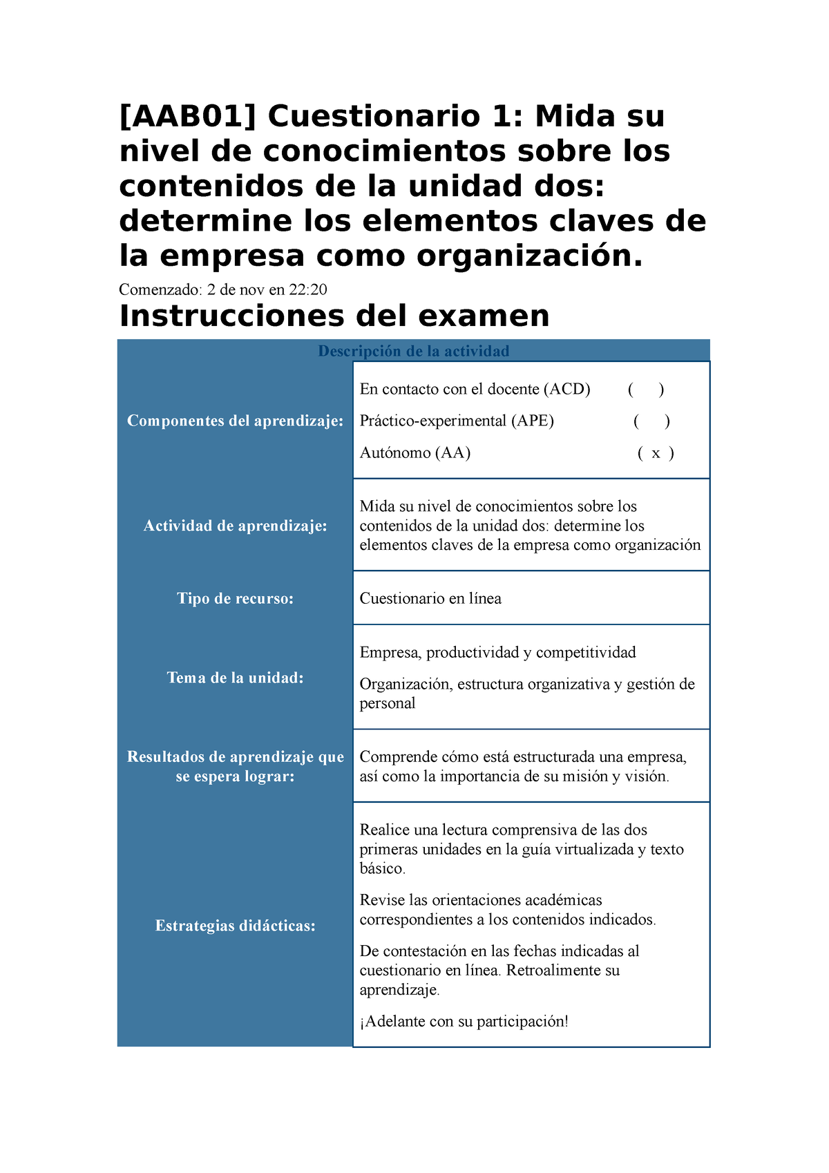 AAB01 Organizacion Del Trabajo Cuestionario 1 - [AAB01] Cuestionario 1 ...