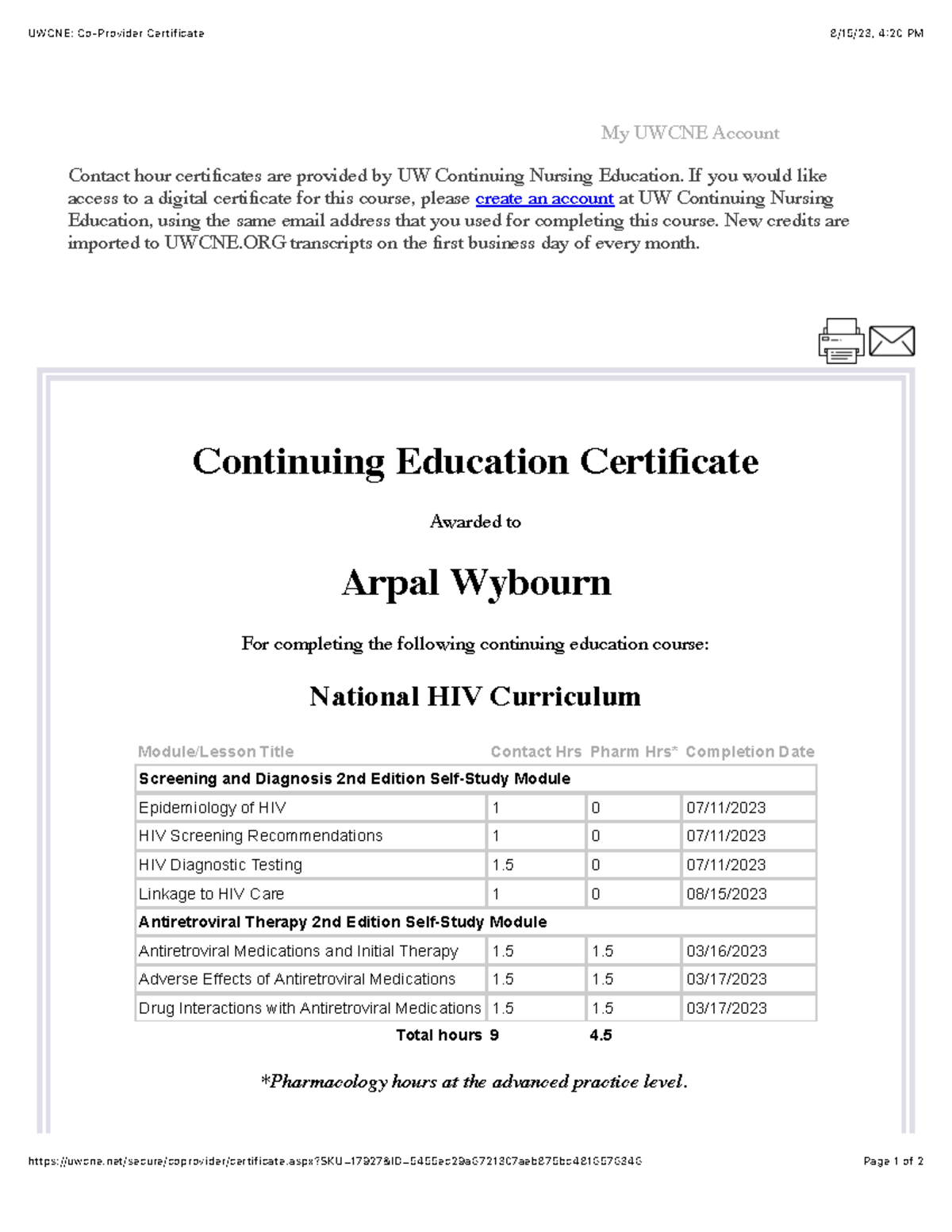 Week 6 HIV module Course work UWCNE CoProvider Certificate 8/15