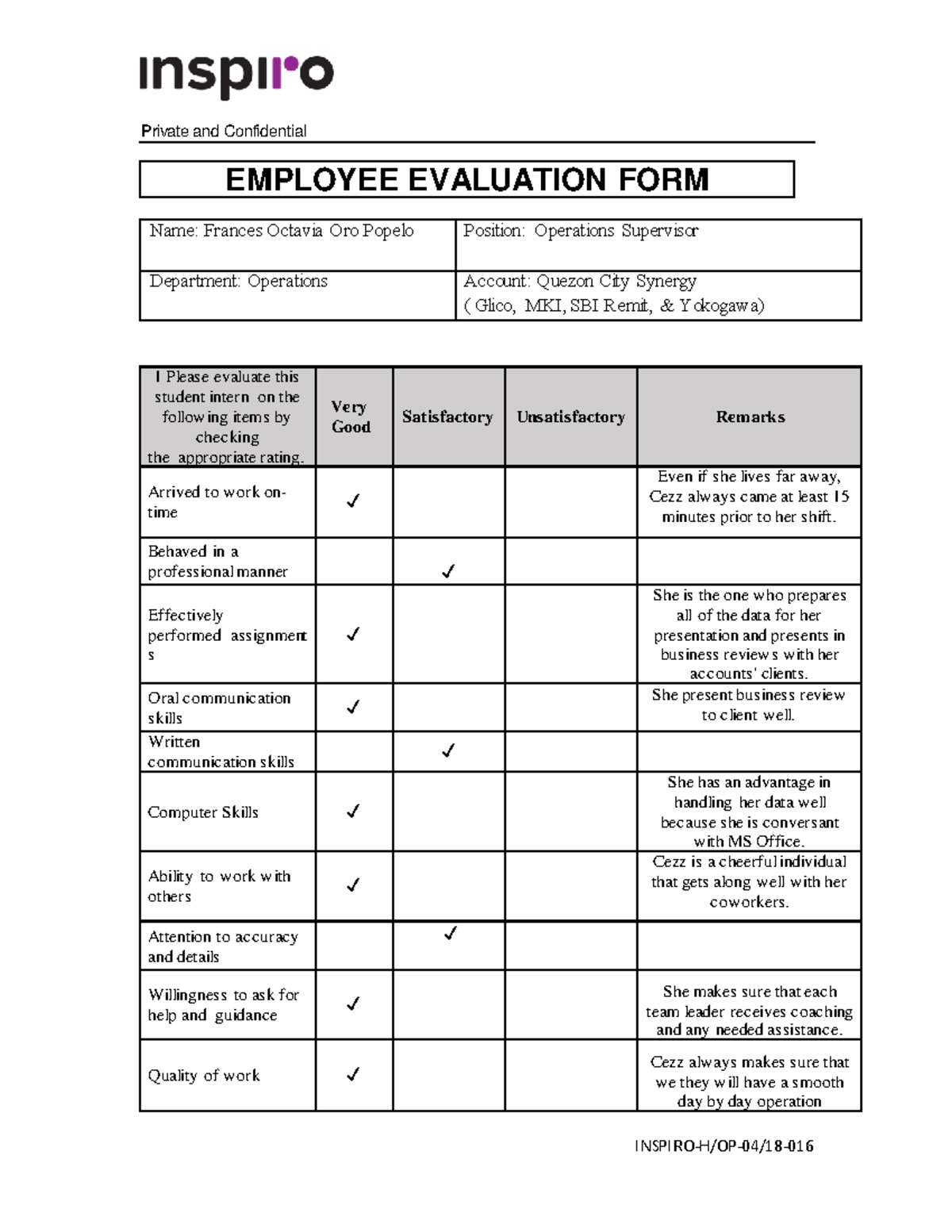 Discussion Log - n/a - Private and Confidential EMPLOYEE EVALUATION ...