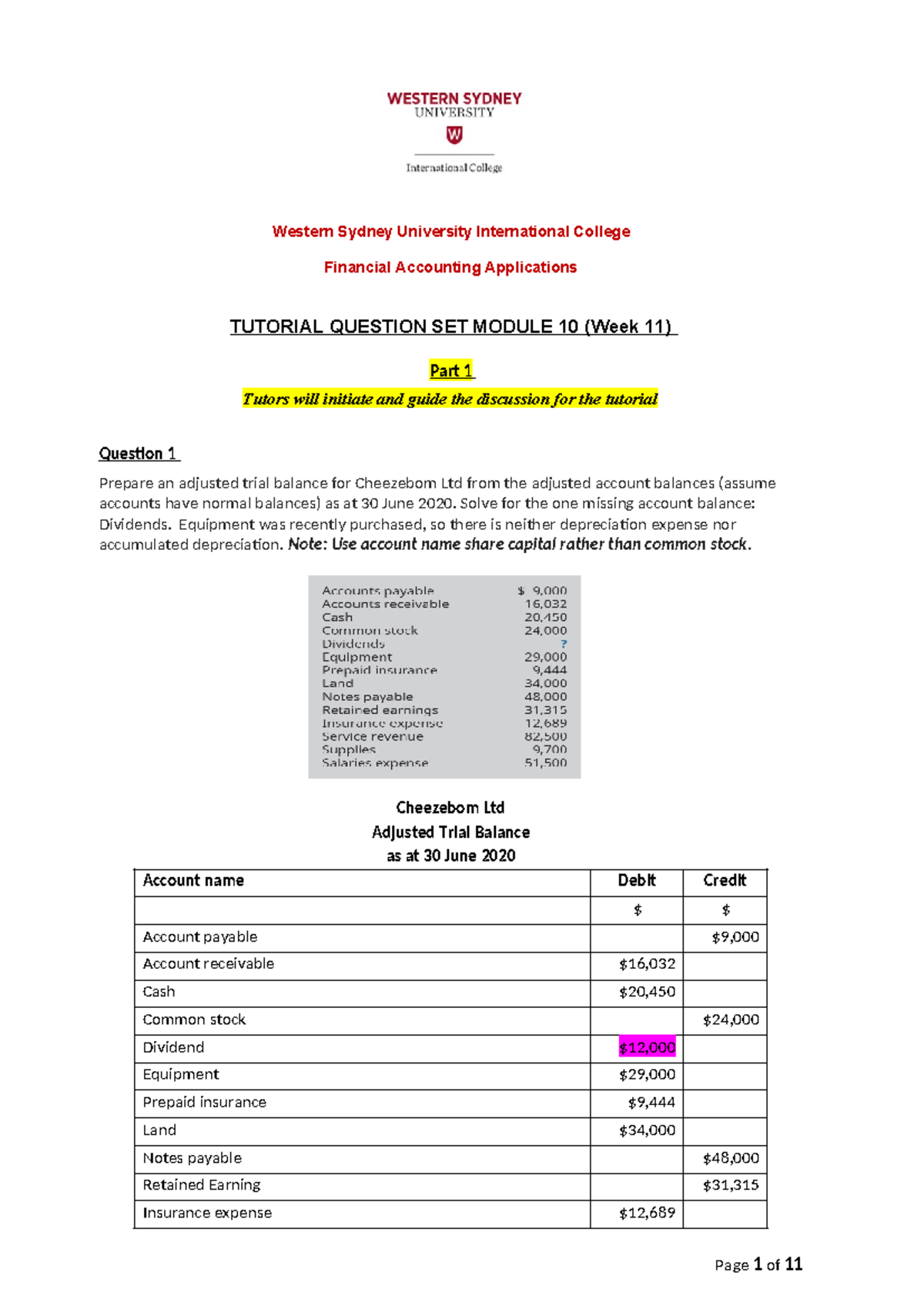 FAA Module 10 (Week 11) Tutorial Questions V1 - Western Sydney ...