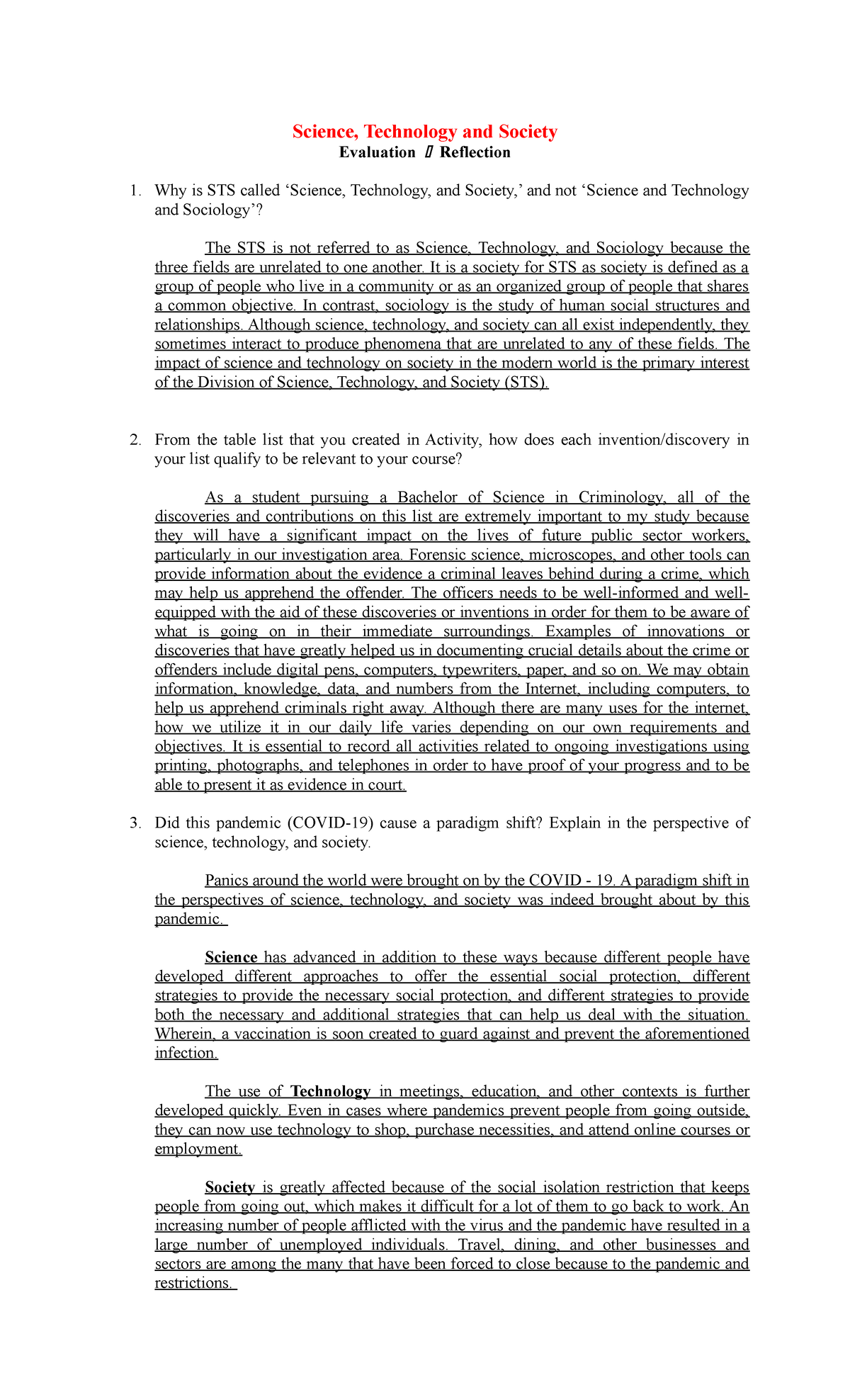 Week-1-Evaluation - Evaluation on Week 1 - Science, Technology and ...
