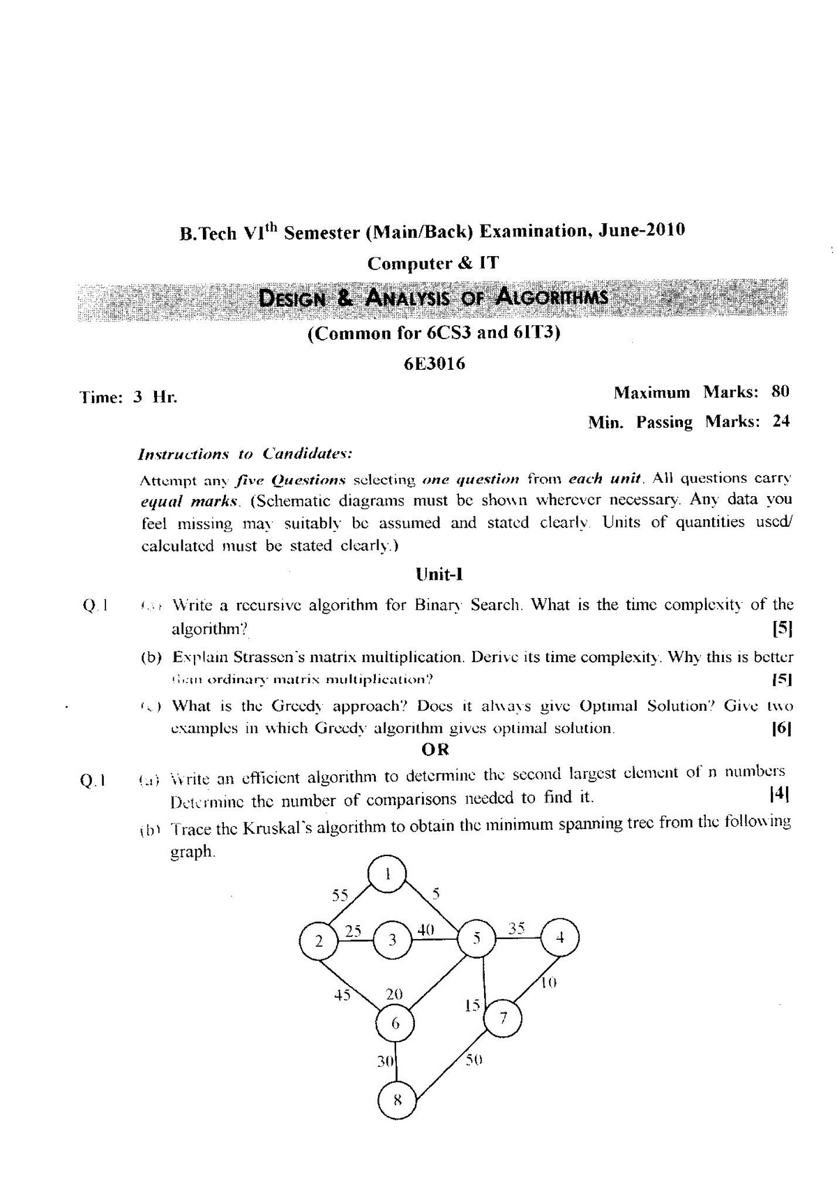 Question Paper Design and analysis of algorithms - B VIth Semester ...