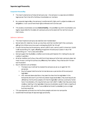 Company Law Notes UCDPart Two Separate Legal Personality[ 2023] - MR ...