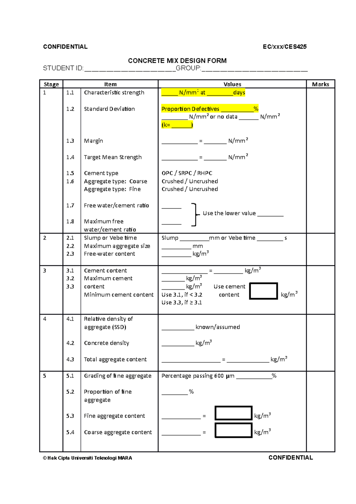 Concrete MIX Design FORM CONFIDENTIAL EC/xxx/CES STUDENT ID