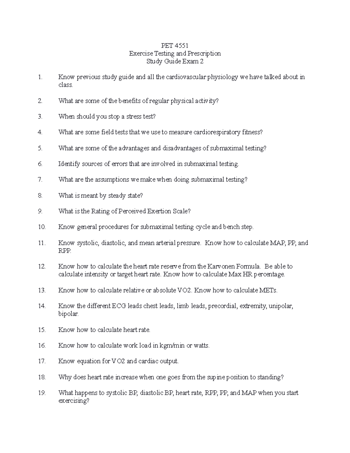 PET 4551 Study Guide Exam 2 Fall 23 - PET 4551 Exercise Testing and ...