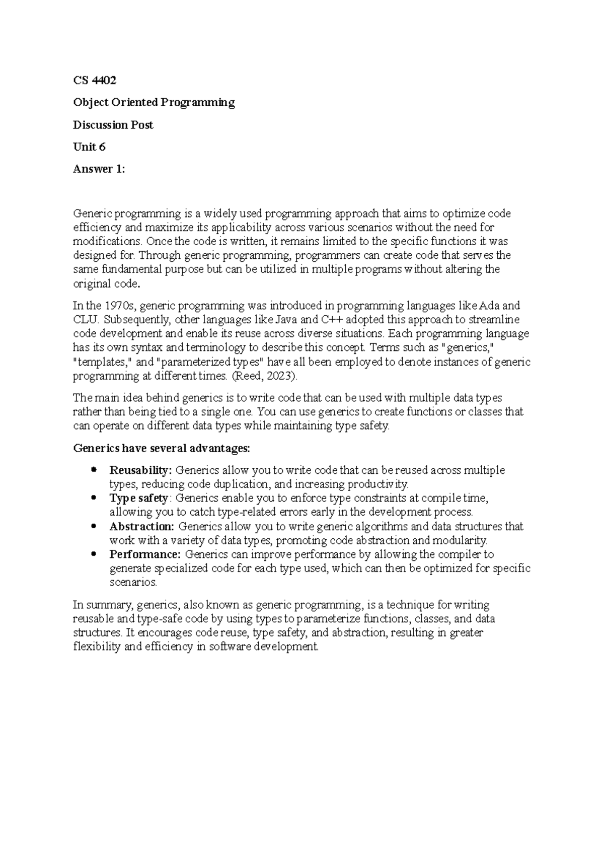 CS 4402 Discussion post Unit 6 - CS 4402 Object Oriented Programming ...