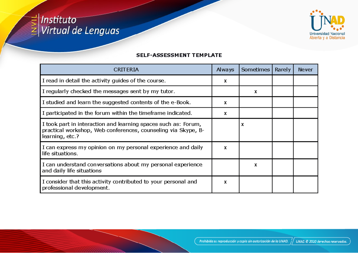 Annex 4- Self Assessment - SELF-ASSESSMENT TEMPLATE CRITERIA Always ...