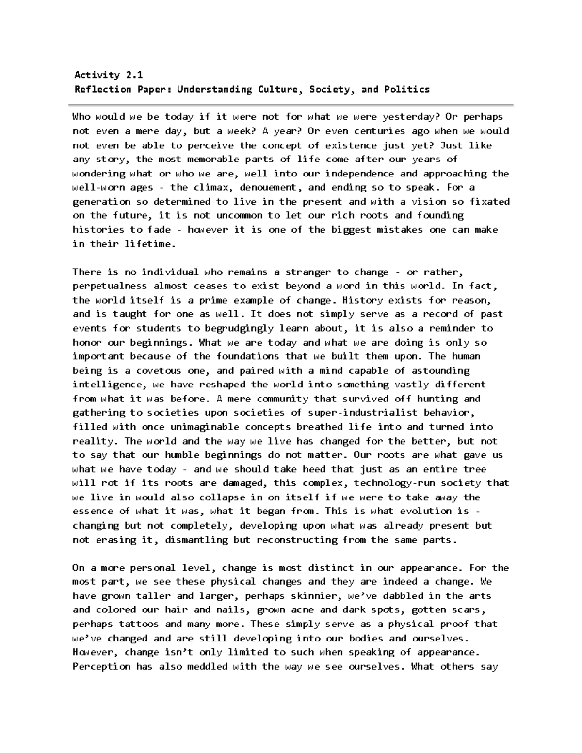 UCSP Reflection Paper (History) Activity 2. Reflection Paper