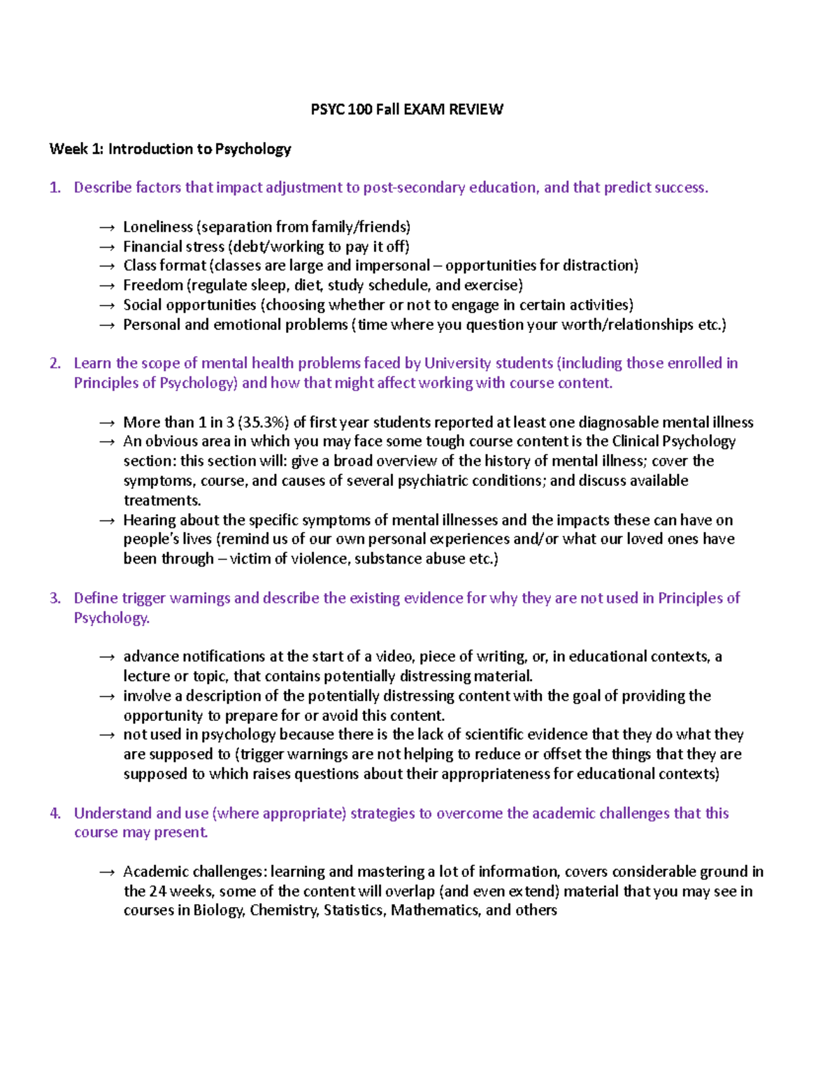 Psyc 100 December Exam Notes - PSYC 100 Fall EXAM REVIEW Week 1 ...