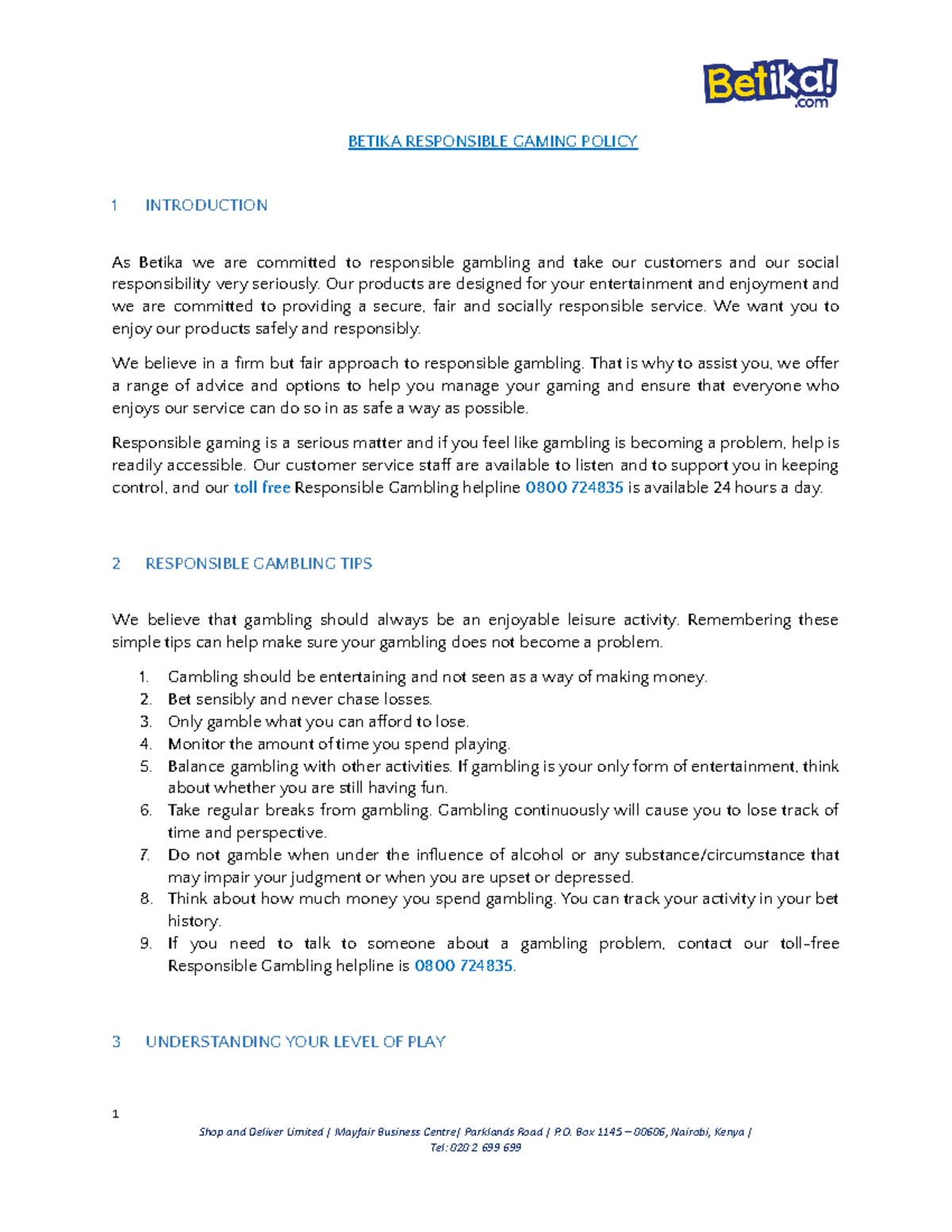 Betika responsible gaming policy 2021 - Barchelor's of Business ...