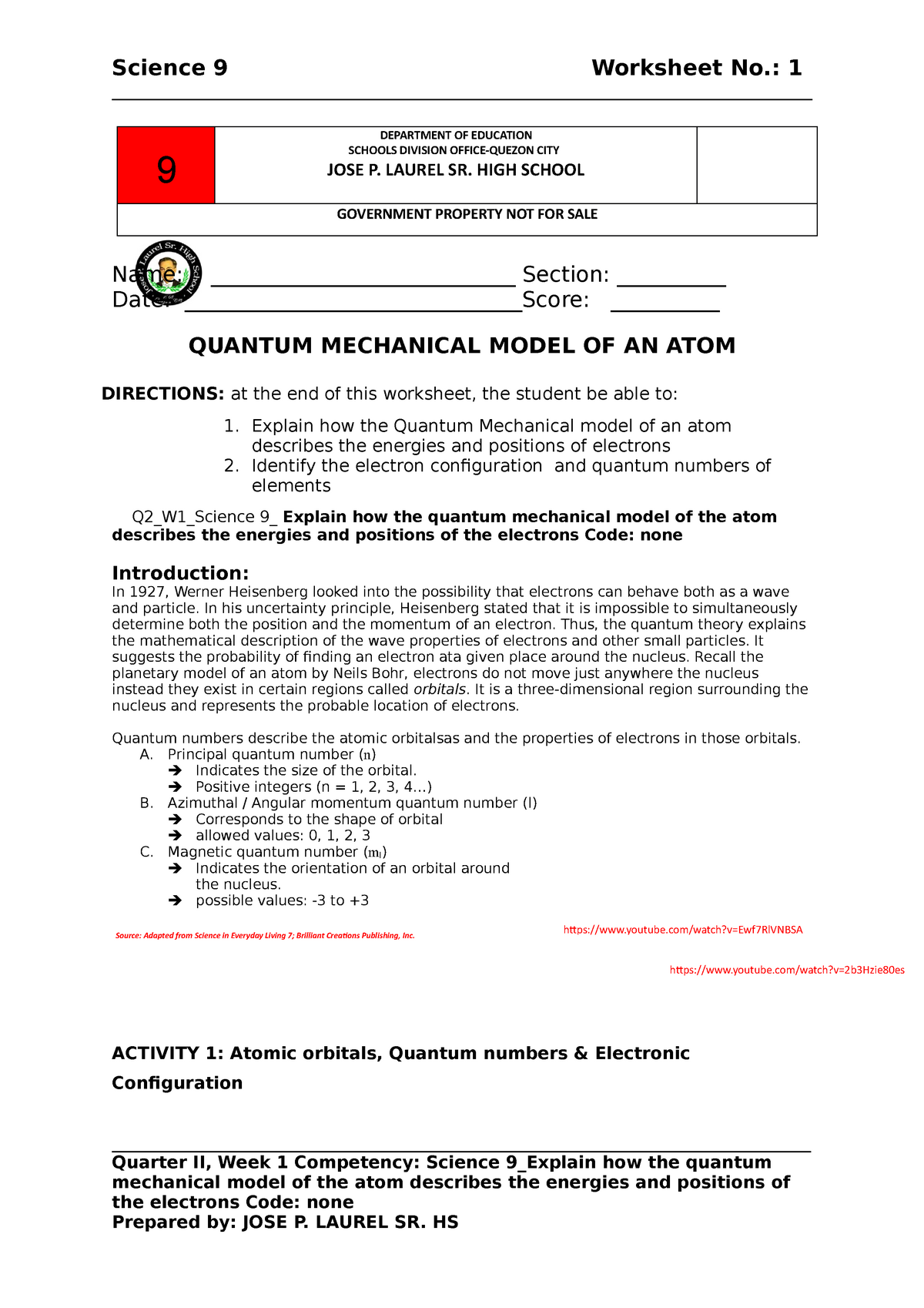 Grade 25 Worksheets Matter WK25 - MAED - English - StuDocu With Regard To Quantum Numbers Worksheet Answers